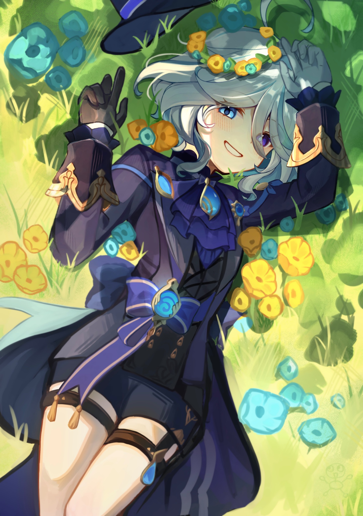 furina (genshin impact), genshin impact, highres, 1girl, ahoge, arm up, ascot, asymmetrical gloves, black gloves, black jacket, black shorts, black sleeves, black suit, black vest, blue brooch, blue eyes, blue gemstone, blue hat, blue pupils, blush, coattails, cowboy shot, cowlick, curly ends, drop-shaped pupils, flower wreath, formal clothes, gem, gloves, glowing gem, hand up, hat, heterochromia, hydro symbol (genshin impact), jacket, kotutgoz6c15813, layered ascot, long sleeves, looking at viewer, lying, mini hat, mini top hat, mismatched gloves, mismatched pupils, on back, on grass, open clothes, open jacket, open mouth, purple ascot, purple eyes, short hair, shorts, smile, solo, suit, suit jacket, symbol-shaped pupils, thigh strap, top hat, unworn headwear, vest, vision (genshin impact), white gloves, white mouth