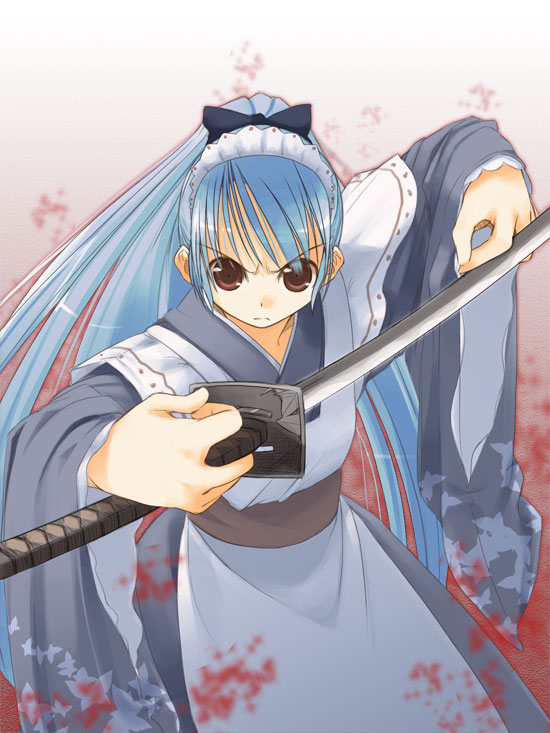 jirou (chekoro), original, 1girl, blood, blue hair, female focus, japanese clothes, katana, letterboxed, maid, maid headdress, ponytail, solo, sword, wa maid, weapon