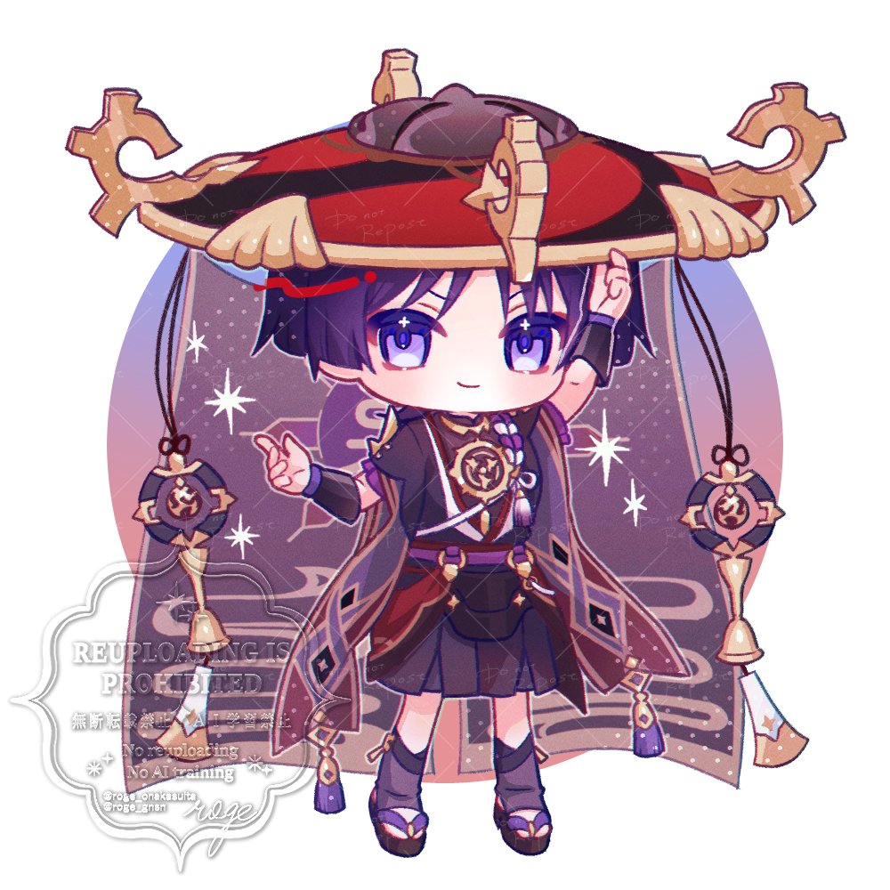 roge gnsn, scaramouche (genshin impact), genshin impact, 1boy, arm up, armor, black bodysuit, black hat, black kimono, black mask, black sandals, black shorts, black sleeves, blunt ends, bodysuit, bridal legwear, chibi, closed mouth, eyeliner, eyeshadow, frilled sleeves, frills, full body, furisode, gold, gold trim, grey veil, hand up, hat, japanese armor, japanese clothes, jewelry, jingasa, juban, kimono, kote, kurokote, layered sleeves, looking at viewer, makeup, male focus, mask on hat, mitsudomoe (shape), neck ring, o-ring, open clothes, open kimono, purple eyes, purple hair, purple rope, purple sash, purple sleeves, raised eyebrow, red eyeliner, red eyeshadow, red hat, red kimono, red sash, rope, sandals, sash, shimenawa, short sleeves, shorts, smile, solo, standing, stirrup legwear, tassel, toeless legwear, tomoe (symbol), twitter username, two-tone hat, veil, watermark, watermark grid, white background, white kimono, white rope, zouri