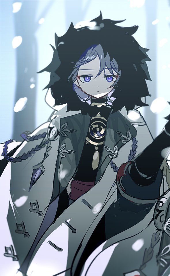 ra suya, scaramouche (genshin impact), genshin impact, 1boy, aiguillette, black shirt, bright pupils, closed mouth, coat, expressionless, eyeliner, eyeshadow, fatui coat, fur-trimmed hood, fur trim, gold, grey hair, half-closed eyes, hood, hood up, hooded coat, jewelry, lapels, looking at viewer, makeup, male focus, mitsudomoe (shape), neck ring, open clothes, open coat, outdoors, purple eyes, red eyeliner, red eyeshadow, red sash, sash, shirt, snowing, tomoe (symbol), upper body, white coat, white hood, white pupils