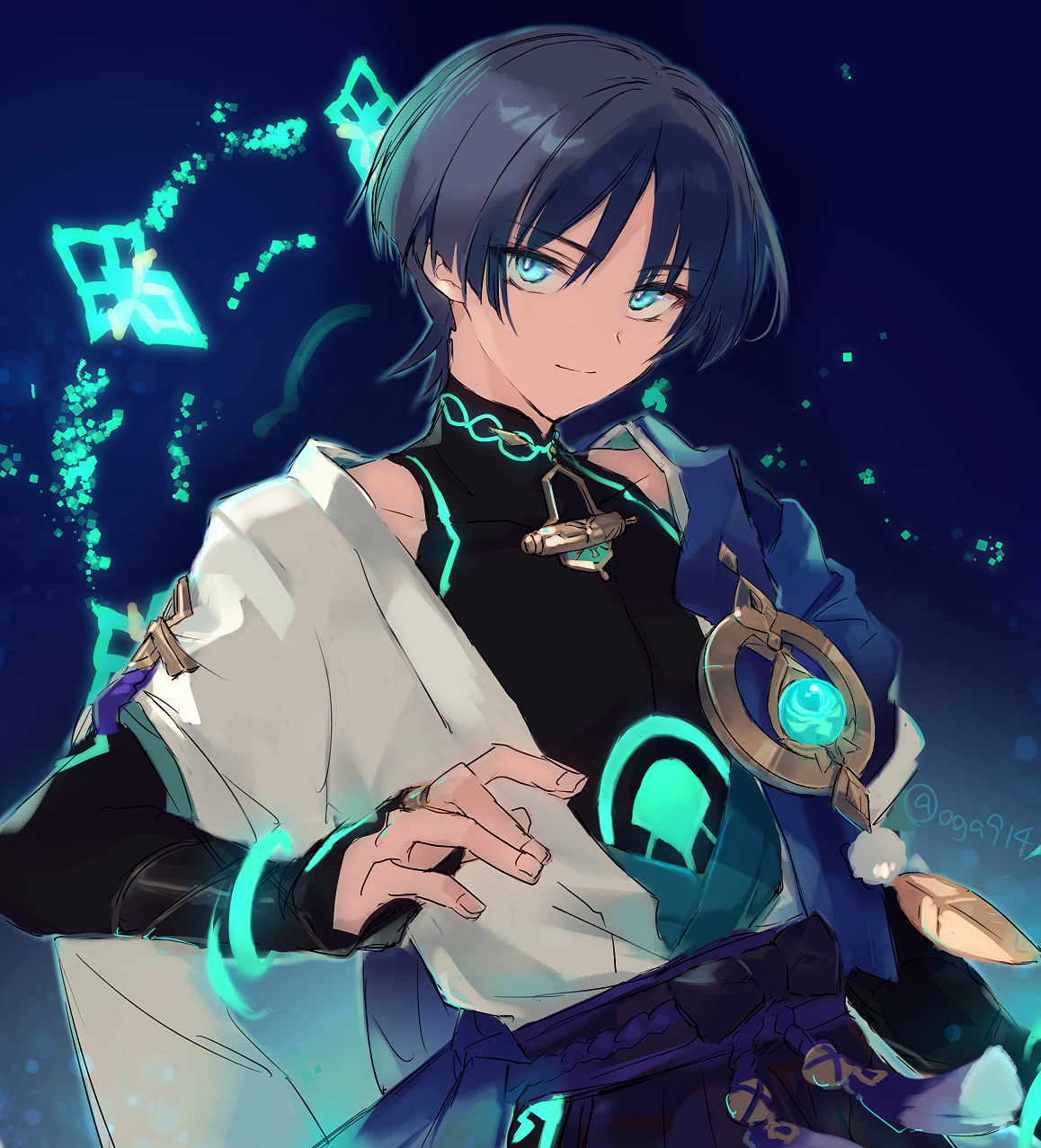 oga914, scaramouche (genshin impact), wanderer (genshin impact), genshin impact, highres, 1boy, anemo symbol (genshin impact), aqua gemstone, aqua halo, armor, belt, black belt, black bodysuit, black bow, black bridal gauntlets, black hair, black shorts, blue background, blue eyes, blue kimono, blue sleeves, blunt ends, bodysuit, bow, bridal gauntlets, bright pupils, closed mouth, clothing cutout, covered collarbone, eyeliner, eyeshadow, feathers, fingernails, gem, glowing, glowing eyes, glowing markings, gold ring, halo, halo behind head, hip vent, japanese armor, japanese clothes, juban, kimono, kote, kurokote, layered sleeves, looking at viewer, magic circle, makeup, male focus, mandarin collar, middle ring, open clothes, open kimono, pom pom (clothes), purple rope, purple sash, red eyeliner, red eyeshadow, rope, sash, short sleeves, shorts, shoulder peek, smile, solo, split mouth, tassel, tsurime, twitter username, upper body, vision (genshin impact), white kimono, white pupils, white sleeves, wind, yellow feathers