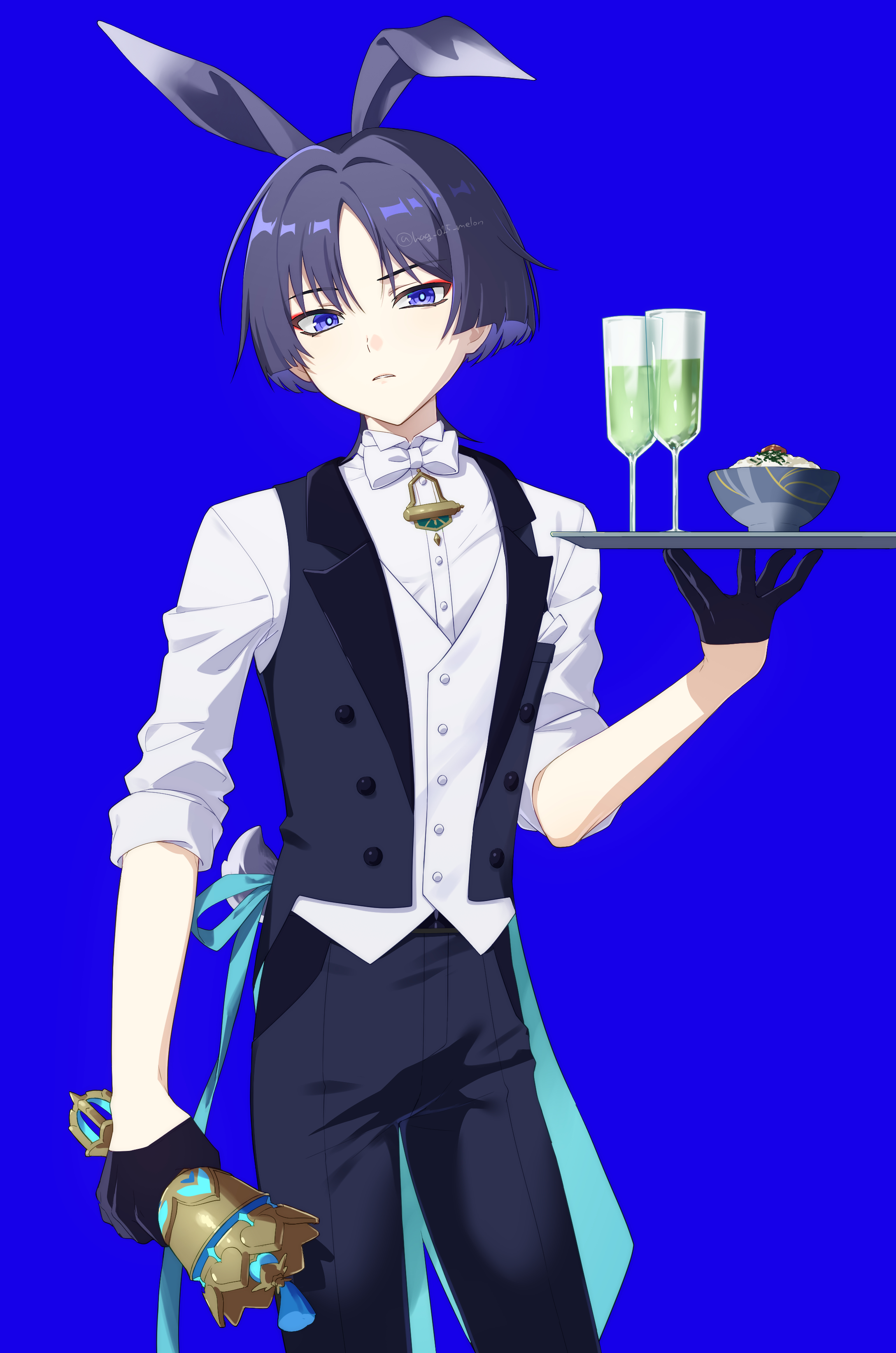 hag (hag 015), scaramouche (genshin impact), genshin impact, absurdres, highres, 1boy, alternate costume, animal ears, apron, arm at side, bell, belt, black belt, black pants, blue background, blunt ends, bow, bowl, bowtie, bright pupils, bunny day, clenched hand, collar, colored inner hair, contemporary, cowboy shot, curled fingers, dress shirt, eyeliner, eyeshadow, fake animal ears, fake tail, food, glass, gloves, gold, green apron, half gloves, hand up, head tilt, holding, holding weapon, juice, lapels, looking at viewer, makeup, male focus, meat, multicolored hair, open clothes, open vest, pants, parted bangs, parted lips, purple eyes, purple hair, rabbit ears, rabbit tail, red eyeliner, red eyeshadow, rice, shimi chazuke (genshin impact), shirt, solo, tail, three-quarter sleeves, traditional bowtie, tsurime, tulaytullah's remembrance (genshin impact), twitter username, vest, waist apron, weapon, white bow, white bowtie, white collar, white mouth, white pupils, white sleeves, white undershirt, white vest