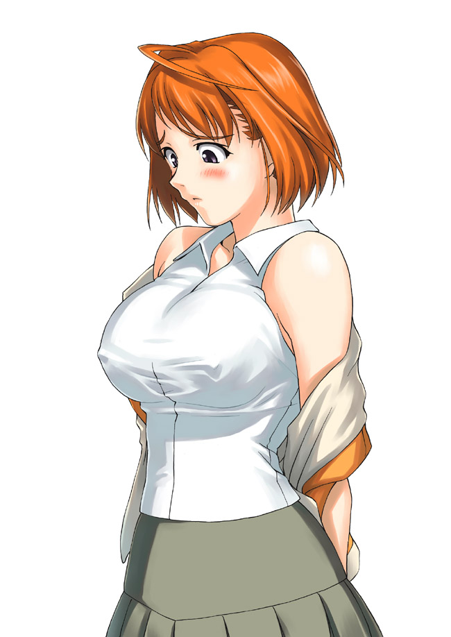 tanaka shoutarou, tokiha mai, my-hime, 00s, 1girl, blouse, breast conscious, breasts, female focus, pleated skirt, school uniform, serafuku, shirt, short hair, simple background, skirt, solo, undressing, white background, white shirt