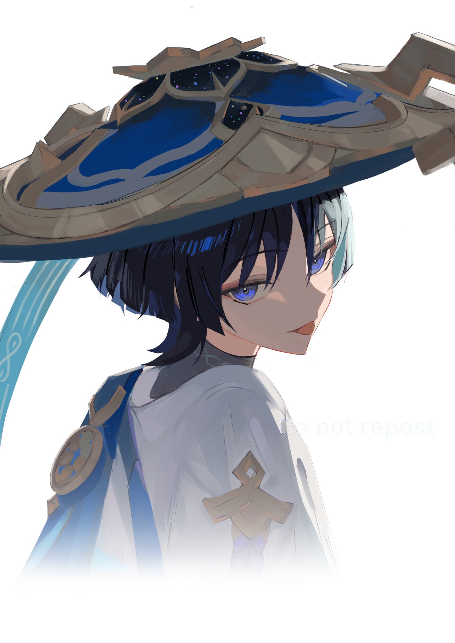 appon pon, scaramouche (genshin impact), wanderer (genshin impact), genshin impact, highres, 1boy, black bodysuit, black hair, blue cape, blue hair, blue hat, blunt ends, bodysuit, bright pupils, cape, cropped torso, eyeliner, eyeshadow, from side, gold, hat, japanese clothes, jingasa, kimono, looking at viewer, makeup, male focus, multicolored hair, purple eyes, purple rope, red eyeliner, red eyeshadow, rope, solo, streaked hair, tongue, tongue out, tsurime, turtleneck, turtleneck bodysuit, watermark, white background, white kimono, white pupils, white sleeves