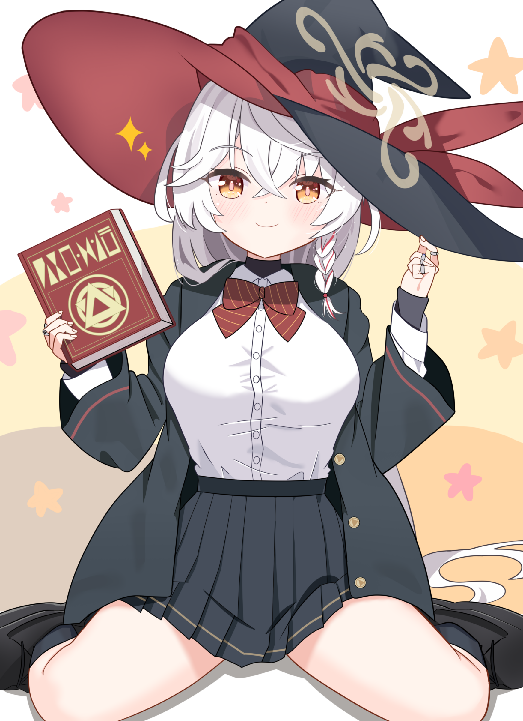 eri (blue archive), blue archive, star, ankle socks, book, bow, bowtie, braid, halo, hat, holding, holding book, jacket, jewelry, long coat, long hair, orange eyes, panties, ring, shirt, shoes, skirt, socks, sparkle, sweater, thighs, underwear, white hair, witch hat