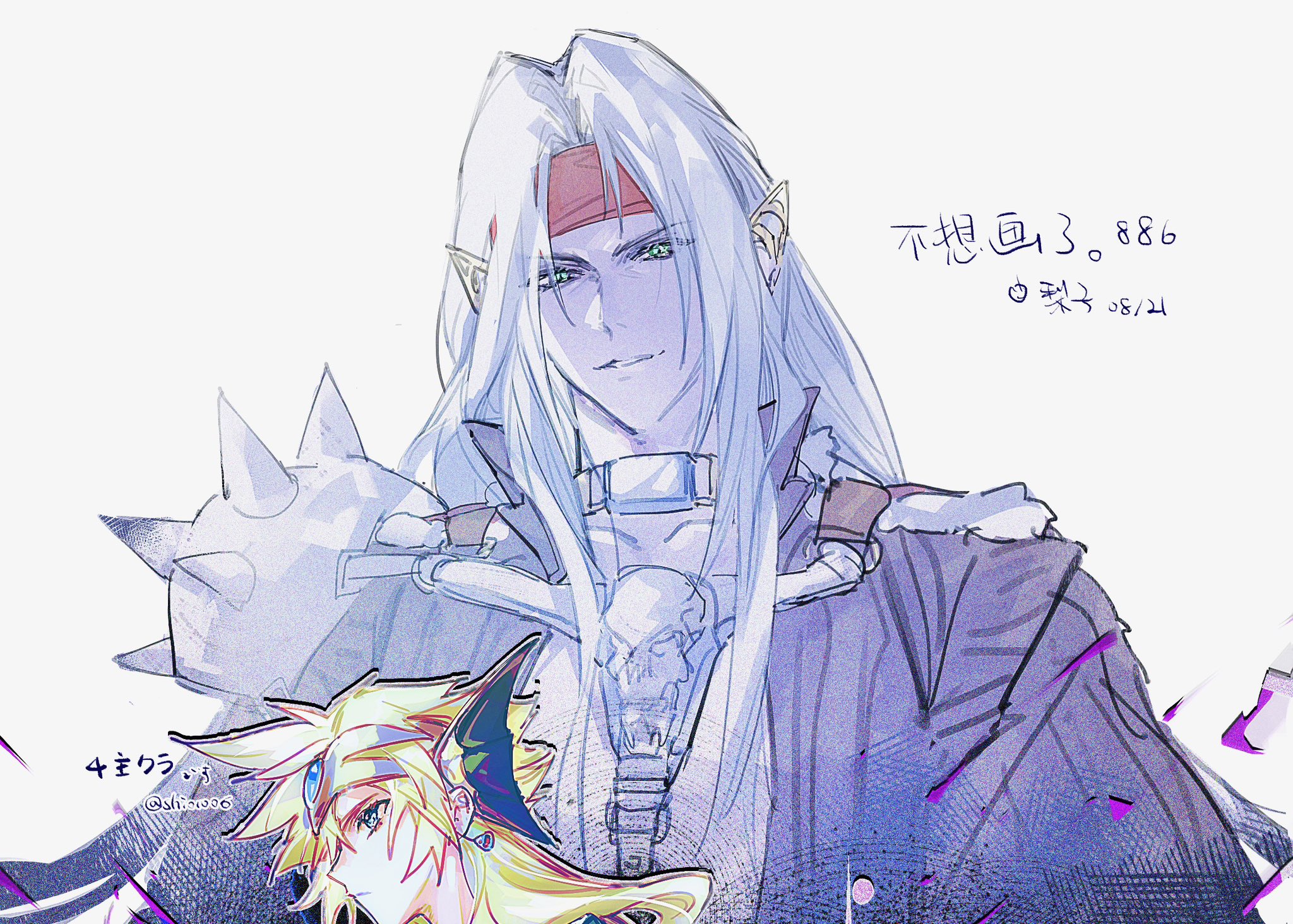lily (shio1006), cloud strife, hero (dq4), pisaro, sephiroth, slime (dragon quest), final fantasy, final fantasy vii, final fantasy vii ever crisis, highres, 2boys, alternate costume, armor, black jacket, blonde hair, blue gemstone, cosplay, earrings, forehead protector, gem, green eyes, grey hair, hair between eyes, headband, jacket, jewelry, long bangs, long hair, male focus, multiple boys, official alternate costume, parted bangs, parted lips, pauldrons, pisaro (cosplay), pointy ears, red headband, sephiroth (banesword style), shoulder armor, shoulder spikes, single earring, single pauldron, skull ornament, spiked hair, spikes, white background, winged headwear
