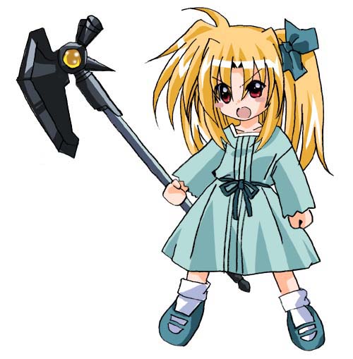 pepeta (sabamiso kissa), alicia testarossa, bardiche (nanoha), fate testarossa, lyrical nanoha, mahou shoujo lyrical nanoha, white legwear, 00s, 1girl, blonde hair, female focus, hair ribbon, open mouth, red eyes, ribbon, simple background, solo