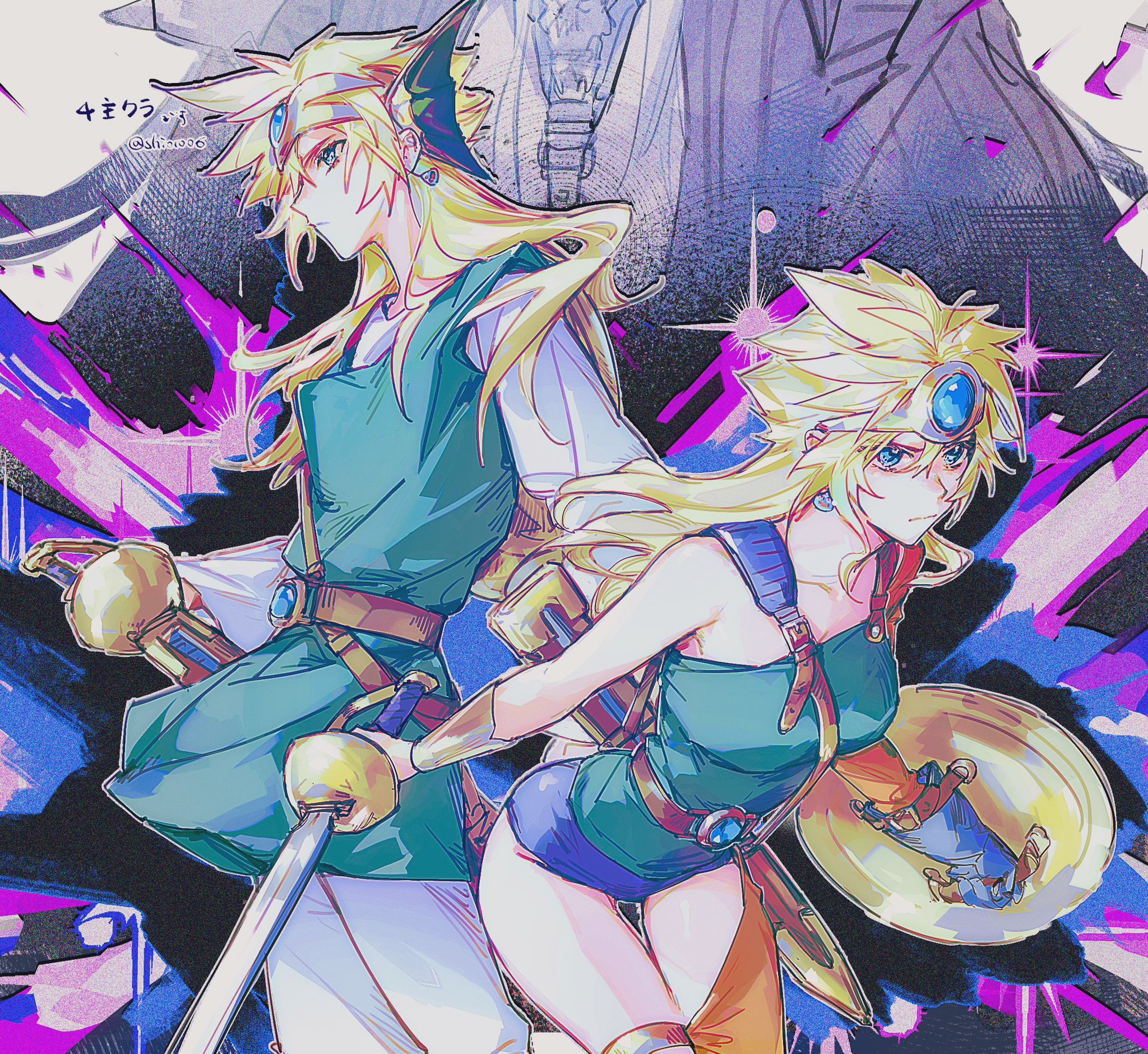 lily (shio1006), cloud strife, hero (dq4), heroine (dq4), slime (dragon quest), final fantasy, final fantasy vii, final fantasy vii ever crisis, highres, 1boy, 1girl, aqua shirt, aqua tunic, blue eyes, blue gemstone, blue shorts, breasts, circle, cosplay, cowboy shot, earrings, forehead protector, gem, genderswap, genderswap (mtf), hair between eyes, hero (dq4) (cosplay), heroine (dq4) (cosplay), holding, holding shield, holding sword, holding weapon, jewelry, long hair, medium breasts, micro shorts, orange sleeves, pants, shield, shirt, shorts, single bare shoulder, single earring, single sleeve, spiked hair, sword, tunic, twitter username, weapon, white pants, white shirt, winged headwear