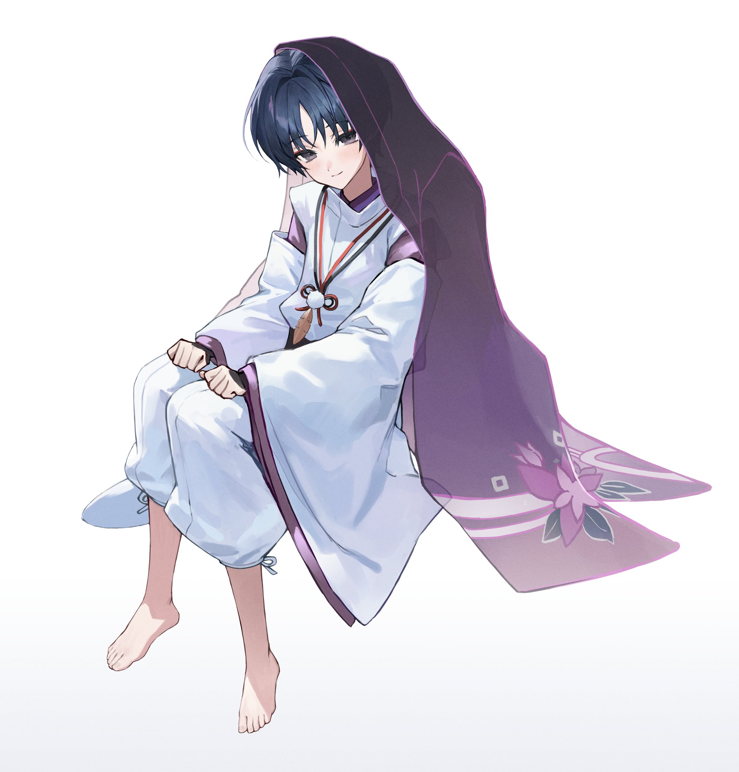toria (toriaa 27), scaramouche (genshin impact), scaramouche (kabukimono) (genshin impact), genshin impact, absurdres, highres, 1boy, barefoot, black hair, blush, clenched hands, closed mouth, clothing cutout, eyeliner, eyeshadow, feathers, floral print veil, full body, grey eyes, hair intakes, hands on own thighs, japanese clothes, kariginu, kimono, layered sleeves, long sleeves, looking at viewer, makeup, male focus, pants, pom pom (clothes), purple kimono, purple sleeves, purple veil, red eyeliner, red eyeshadow, see-through clothes, see-through veil, shoulder cutout, sitting, smile, solo, string, toes, tsurime, veil, white background, white pants, white sleeves, wide sleeves, wispy bangs, yellow feathers