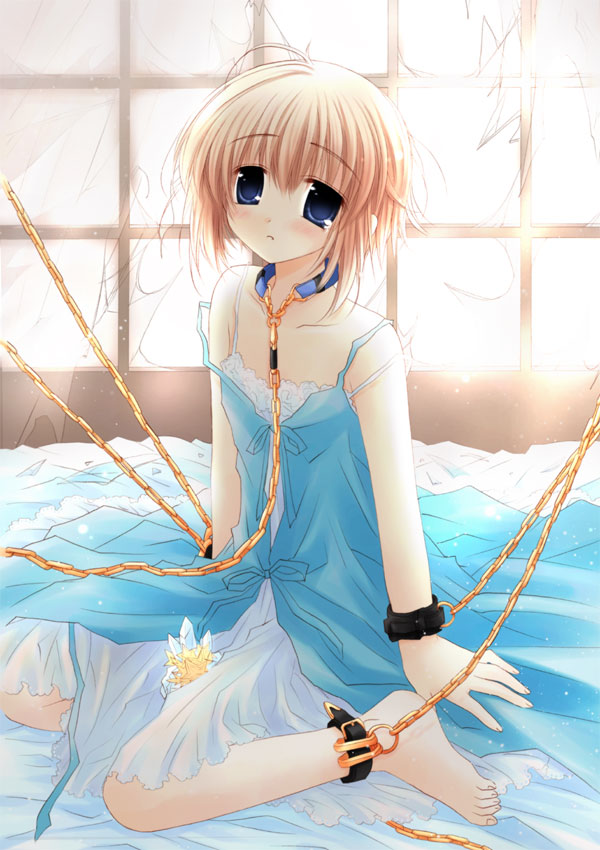 sakurazawa izumi, rico (gunslinger girl), gunslinger girl, 00s, 1girl, bare shoulders, bdsm, bed, blue eyes, bondage, bound, brown hair, chain, chain leash, collar, dress, female focus, leash, lingerie, solo, underwear