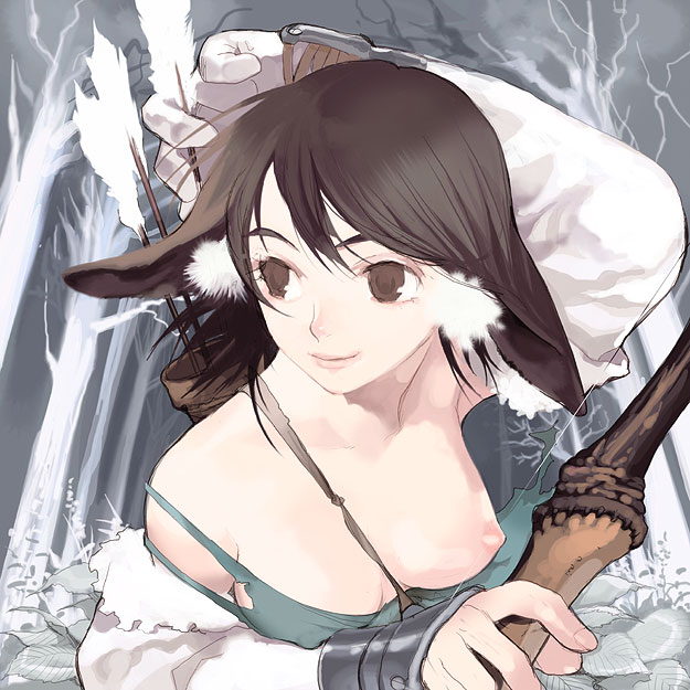 original, 1girl, animal ears, arrow (projectile), bow (weapon), breast slip, breasts, brown eyes, brown hair, female focus, holding, holding bow (weapon), holding weapon, nipples, one breast out, smile, solo, torn clothes, weapon