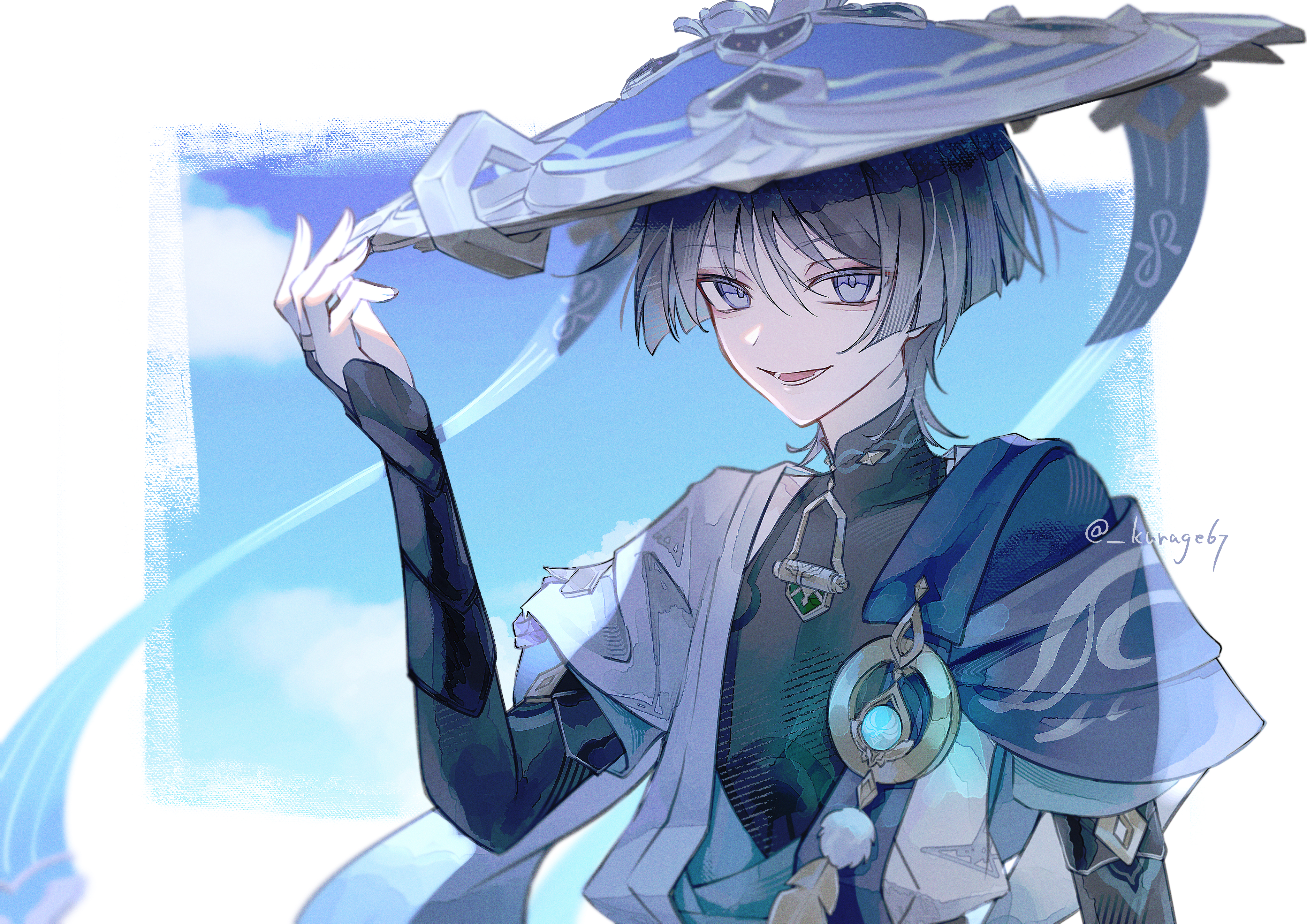 kurage 67, scaramouche (genshin impact), wanderer (genshin impact), genshin impact, absurdres, highres, 1boy, anemo symbol (genshin impact), arm at side, armor, black bodysuit, black bridal gauntlets, black hair, blue cape, blue gemstone, blue hat, blue kimono, blue sky, blue sleeves, blunt ends, bodysuit, border, bridal gauntlets, cape, choppy bangs, cloud, cloudy sky, eyeliner, eyeshadow, feathers, fingernails, gem, gold, gold ring, hand up, hat, japanese armor, japanese clothes, jingasa, juban, kimono, kote, kurokote, layered sleeves, looking at viewer, lower teeth only, makeup, male focus, mandarin collar, middle ring, open clothes, open hand, open kimono, open mouth, pom pom (clothes), purple eyes, purple rope, red eyeliner, red eyeshadow, rope, short sleeves, shoulder peek, sky, smile, solo, teeth, tsurime, twitter username, upper body, vision (genshin impact), white border, white kimono, white sleeves, white trim, yellow feathers