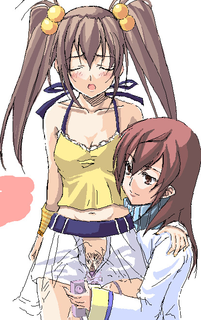 corona (kannazuki no miko), corona (knm), oota reiko, kannazuki no miko, 00s, 2girls, blush, brown hair, closed eyes, female pubic hair, forced orgasm, hair bobbles, hair ornament, midriff, multiple girls, navel, oekaki, open mouth, outa reiko, pubic hair, pussy, sex toy, twintails, uncensored, vibrator