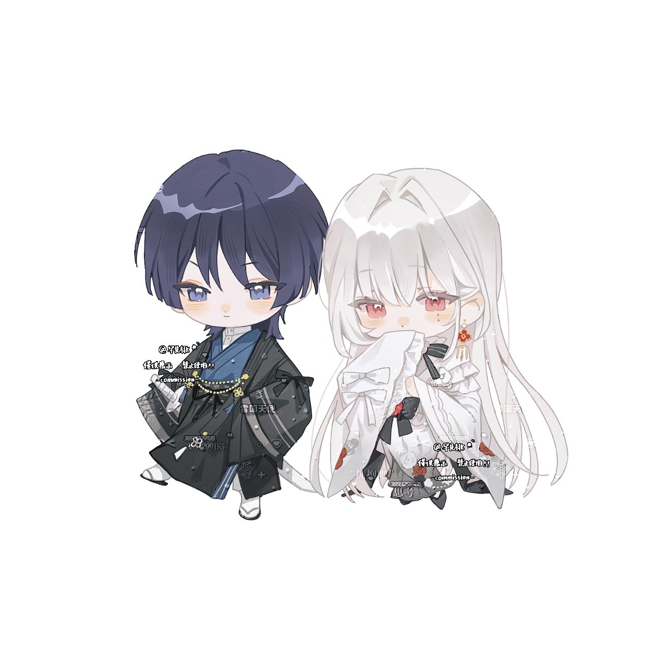 scaramouche (genshin impact), genshin impact, original, artist request, commission, highres, second-party source, 1boy, 1girl, alternate costume, black bow, black hair, black hakama, black haori, black sandals, black sleeves, blue kimono, blunt bangs, blunt ends, blush, bow, chibi, closed mouth, commissioner insert, couple, drawstring, earrings, eyelashes, eyeliner, eyeshadow, flower, flower earrings, frilled sleeves, frills, full body, grey skirt, hair intakes, hakama, haori, hayami momo (hayamimomo), hetero, japanese clothes, jewelry, kimono, kimono skirt, long hair, long sleeves, looking at viewer, makeup, pink eyes, purple eyes, red eyeliner, red eyeshadow, red flower, sandals, skirt, sleeve bow, sleeve over mouth, sleeves past fingers, sleeves past wrists, smile, tabi, tsurime, very long hair, watermark, watermark grid, white background, white hair, white kimono, white sleeves, white undershirt, wide sleeves, wispy bangs, zouri