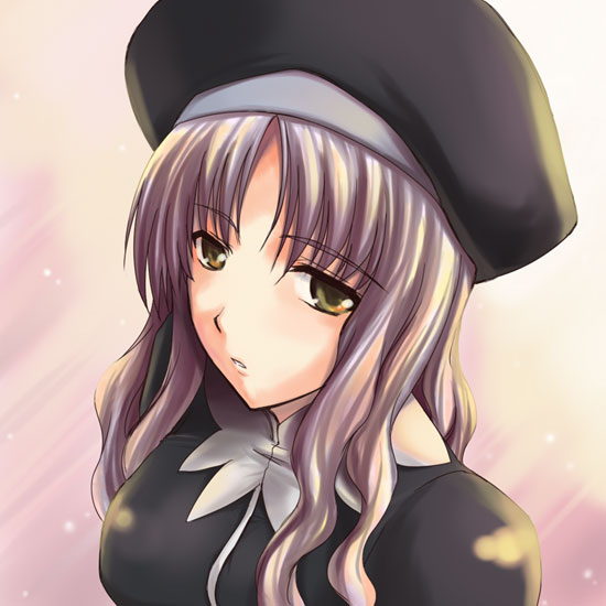 ishigaki takashi, caren hortensia, fate/hollow ataraxia, fate/stay night, fate (series), silver hair, 00s, 1girl, black hat, female focus, hat, long hair, pink background, snowing, solo, yellow eyes