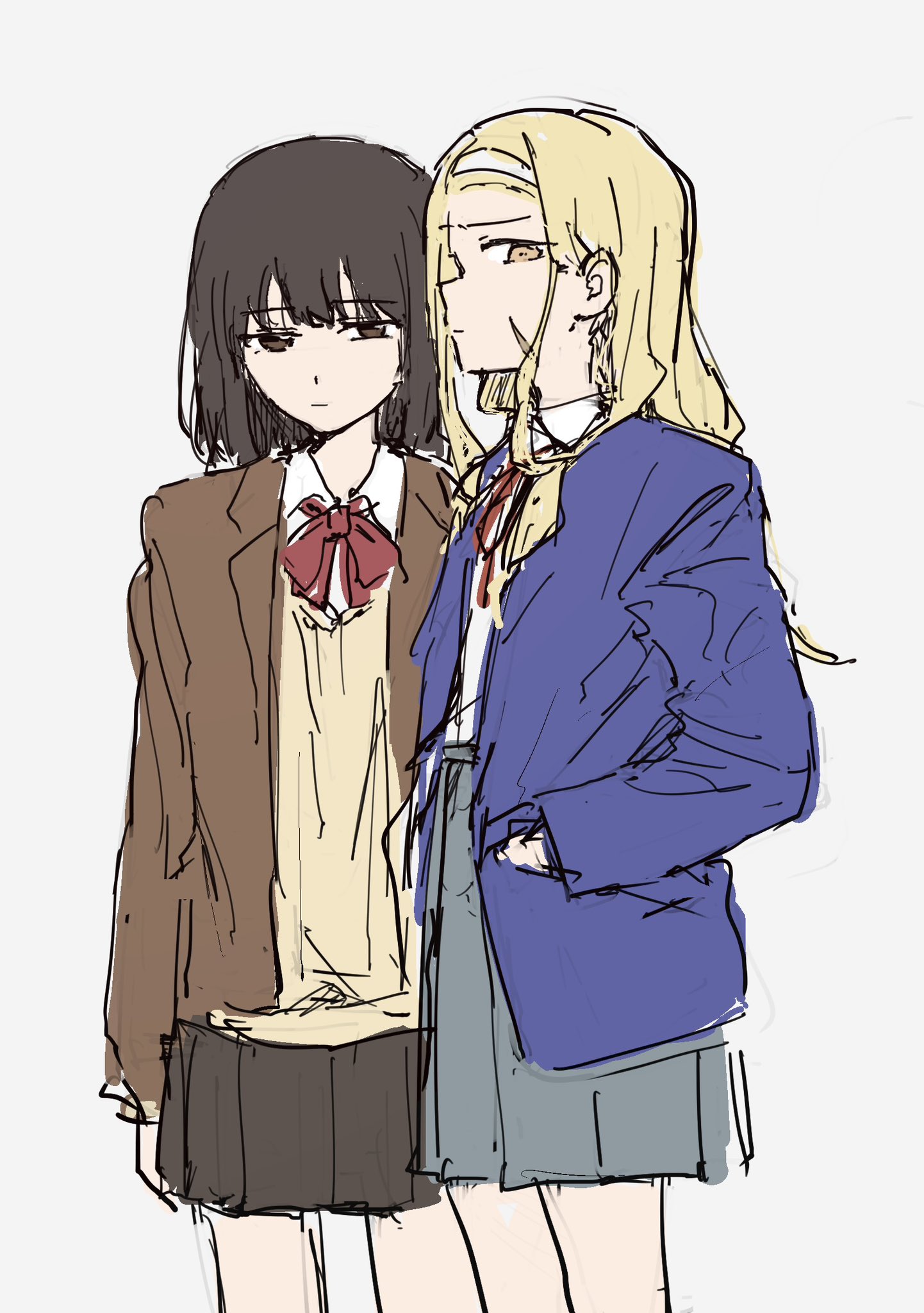 matarasu (aaaaaaaaj), kirarazaka marina, kuze shizuka, takopii no genzai, highres, 2girls, :|, black eyes, black hair, black skirt, blazer, blonde hair, blue jacket, bow, bowtie, brown jacket, closed mouth, cowboy shot, expressionless, facial scar, from side, grey background, grey skirt, hairband, hand in pocket, jacket, long hair, multiple girls, open clothes, open jacket, pleated skirt, profile, red bow, red bowtie, scar, scar on cheek, scar on face, school uniform, shirt, short hair, sideways glance, simple background, sketch, skirt, sweater, white hairband, white shirt, yellow eyes, yellow sweater