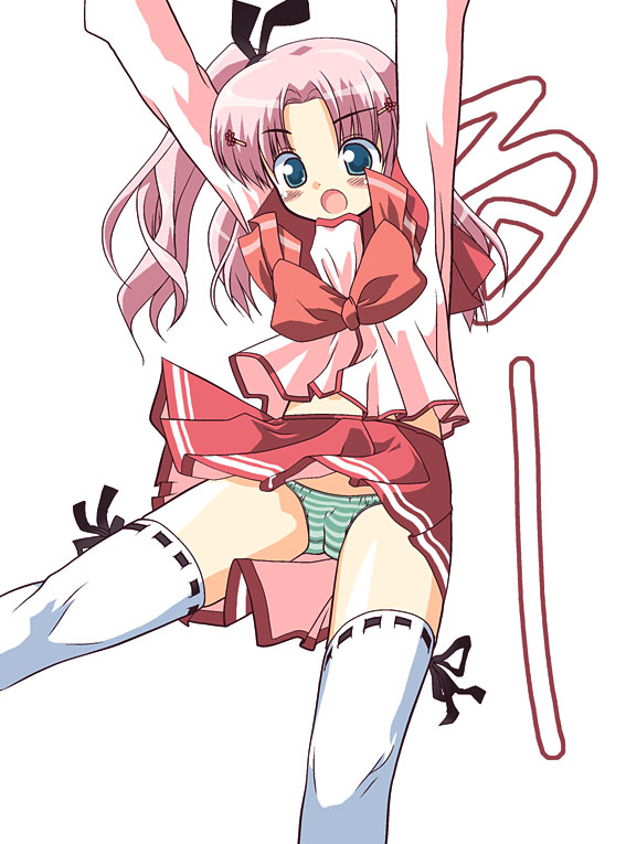 quadri lateral, maaryan (to heart), to heart (series), to heart 2, 00s, 1girl, blue eyes, blush, bow, falling, female focus, green panties, hair ribbon, long hair, panties, pantyshot, pink hair, pleated skirt, ponytail, ribbon, ribbon-trimmed legwear, ribbon trim, school uniform, serafuku, skirt, solo, striped clothes, striped panties, thighhighs, underwear, upskirt, white thighhighs