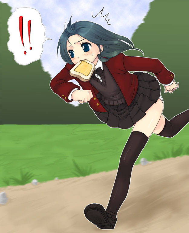 usashiro mani, original, !, !!, ^^^, black thighhighs, blazer, blouse, blue eyes, blush, bow, bowtie, bread slice, food, food in mouth, green hair, jacket, mouth hold, panties, pantyshot, pleated skirt, running, school uniform, shirt, shoes, skirt, solo, sweater vest, thighhighs, toast, toast in mouth, underwear, vest, white panties