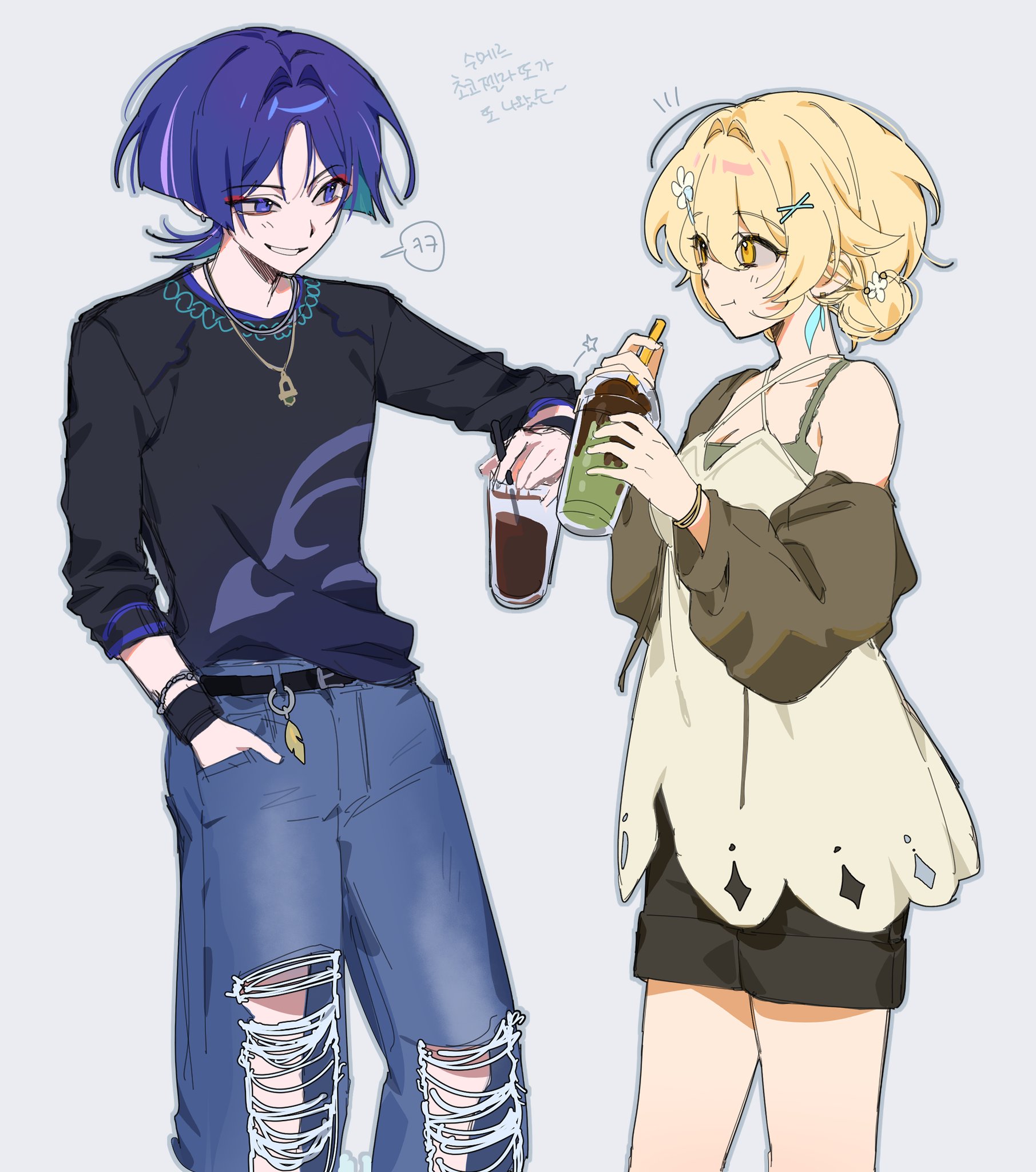 sia37068010, lumine (genshin impact), scaramouche (genshin impact), genshin impact, highres, translation request, 1boy, 1girl, :t, alternate costume, alternate hairstyle, belt, belt buckle, black belt, black shirt, black shorts, black sleeves, blonde hair, blunt ends, bracelet, breasts, brown sleeves, buckle, casual, cleavage, contemporary, criss-cross halter, cup, denim, detached sleeves, disposable cup, dress, drinking straw, earrings, eyeliner, eyeshadow, feather earrings, feathers, flower, gold necklace, gold pendant, grey outline, grey pants, hair bun, hair flower, hair intakes, hair ornament, halterneck, hand in pocket, holding, holding cup, jeans, jewelry, korean text, looking at another, makeup, medium breasts, multicolored hair, necklace, notice lines, outline, pants, parted bangs, parted lips, pink hair, puffy sleeves, purple eyes, purple hair, purple trim, red eyeliner, red eyeshadow, shirt, short hair, shorts, sidelocks, single hair bun, smirk, speech bubble, streaked hair, three-quarter sleeves, torn clothes, torn jeans, torn pants, uneven eyes, white background, white dress, white mouth, wristband, yellow eyes, yellow feathers