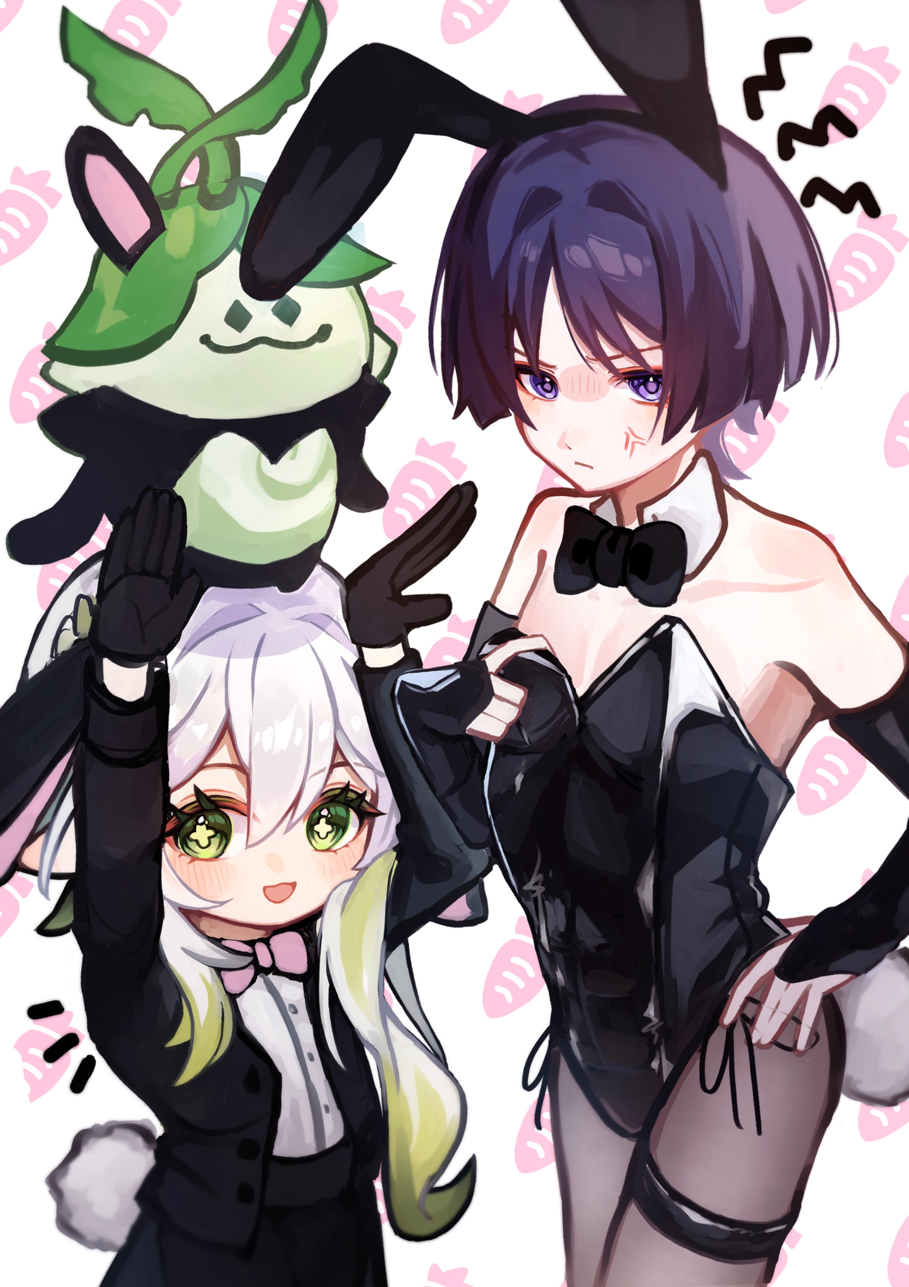 aranara (genshin impact), nahida (genshin impact), scaramouche (genshin impact), genshin impact, absurdres, highres, 1boy, 1girl, alternate costume, anger vein, animal ears, annoyed, arms up, black bow, black bowtie, black bridal gauntlets, black gloves, black hairband, black jacket, black leotard, black sleeves, blunt ends, blush, bow, bowtie, bridal gauntlets, bunny day, carrot background, closed mouth, collar, collarbone, colored eyelashes, creature, creature on head, cross-shaped pupils, crossdressing, crossdressing (mtf), detached collar, drawstring, eyeliner, eyeshadow, fake animal ears, fake tail, finger under clothes, gloves, green eyes, green hair, green pupils, grey pantyhose, hair intakes, hair ornament, hairband, hand on own hip, jacket, kotutgoz6c15813, leaf, leaf hair ornament, leotard, leotard peek, long hair, long sleeves, looking at viewer, makeup, male playboy bunny, multicolored hair, notice lines, open clothes, open hands, open jacket, open mouth, pantyhose, parted bangs, pink background, pink bow, pink bowtie, pointy ears, purple eyes, purple hair, rabbit ears, rabbit pose, rabbit tail, red eyeliner, red eyeshadow, reverse bunnysuit, reverse outfit, side ponytail, sidelocks, strapless, strapless leotard, streaked hair, suit jacket, symbol-shaped pupils, tail, tareme, thigh strap, white collar, white hair, white undershirt