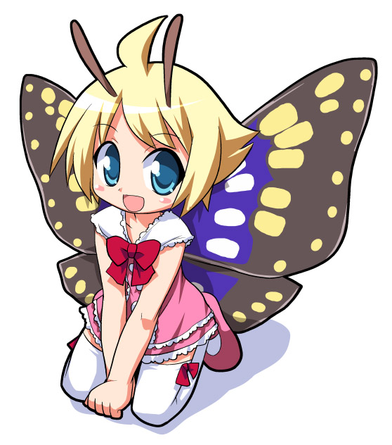 osaragi mitama, shimon (shimotsuma), shimotsuma, 1boy, antennae, blonde hair, fairy, full body, insect wings, male focus, mary janes, pink shoes, shoes, solo, thighhighs, trap, white background, white thighhighs, wings