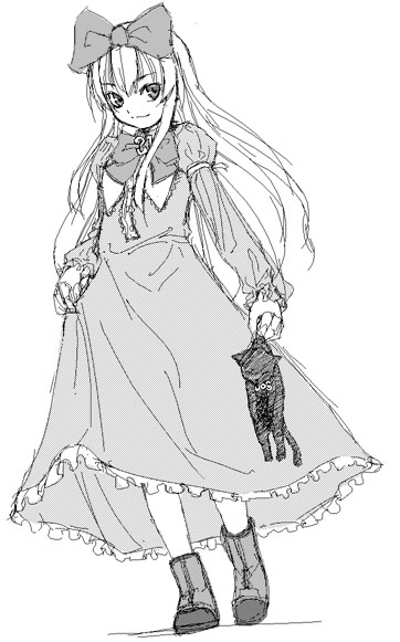 satou atsuki, 3.1-tan, dos cat, os-tan, 1girl, ankle boots, boots, bow, cat, clothes lift, female focus, floating hair, full body, goth fashion, greyscale, hair bow, holding, lolita fashion, long hair, looking at viewer, monochrome, neck ribbon, puffy sleeves, ribbon, simple background, sketch, skirt, skirt lift, smirk, solo, very long hair, walking