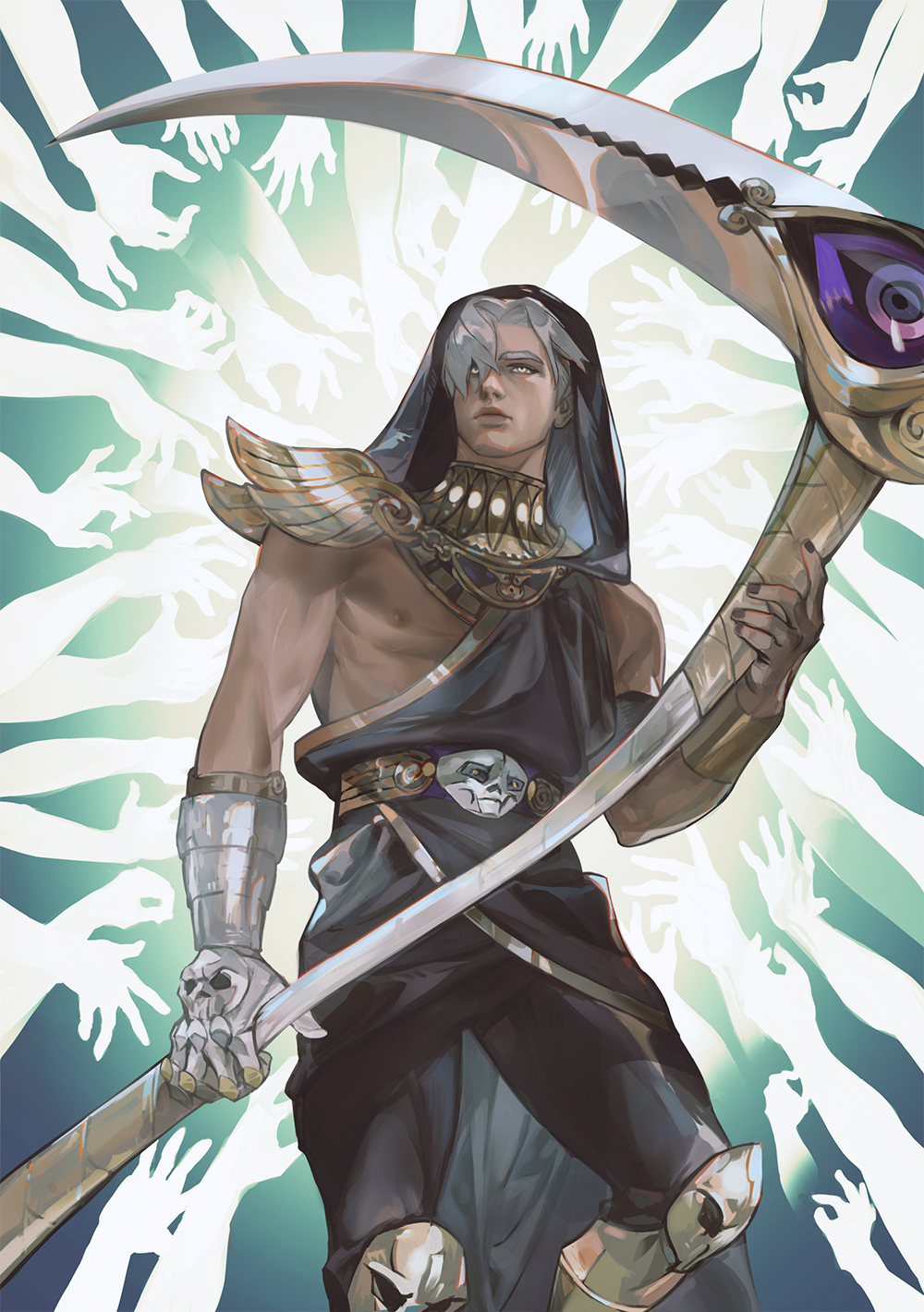 puppy 1ove, thanatos (hades), hades (series), hades 1, highres, 1boy, backlighting, black hood, black nails, black pants, black shirt, closed mouth, gauntlets, grey hair, holding, holding scythe, hood, hood up, knee pads, male focus, nipples, pants, scythe, shirt, single gauntlet, solo, surrounded by hands