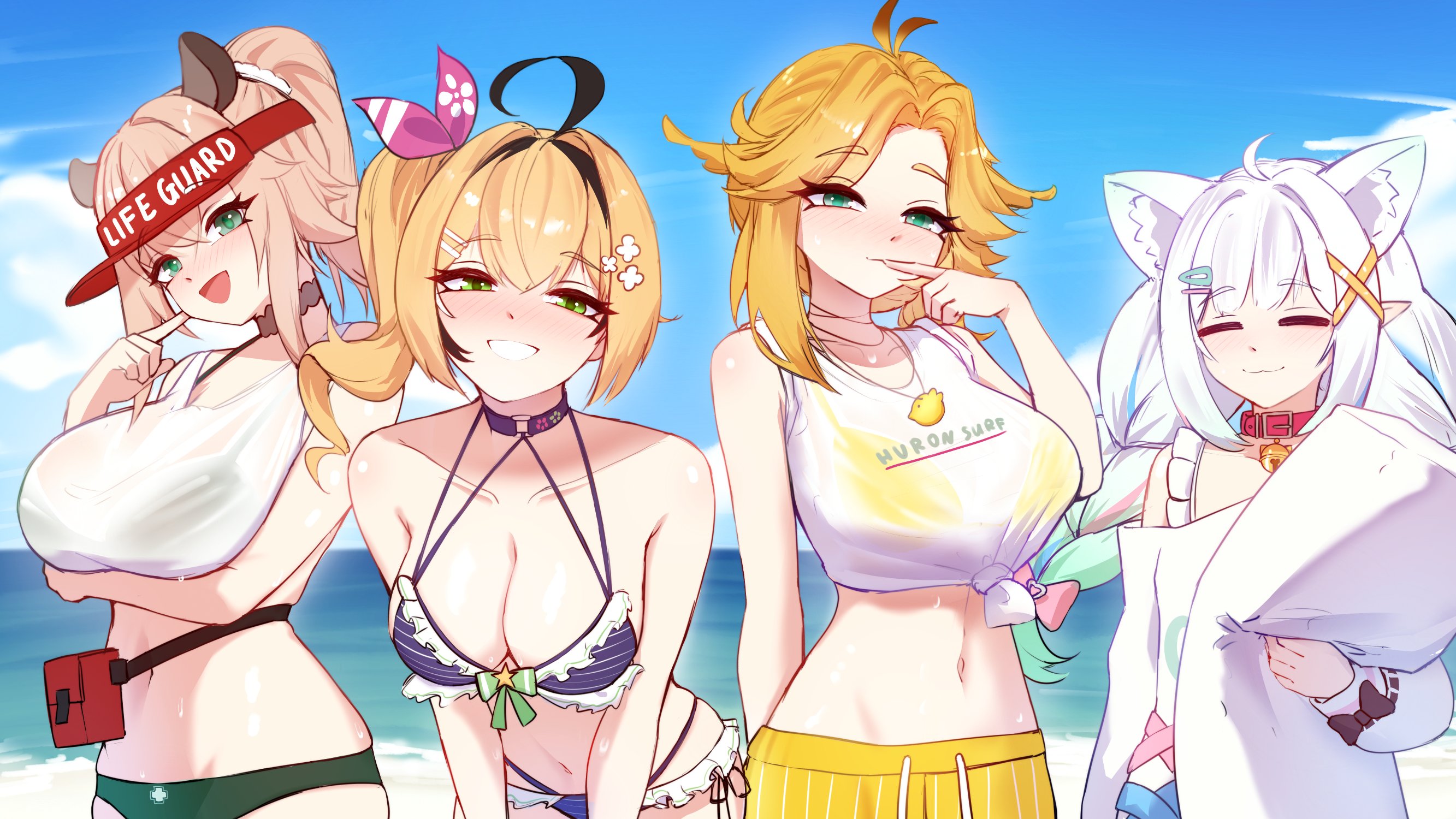cgator, dokibird, dokibird (summer), dooby (vtuber), mint fantome, mint fantome (otaku), nimi nightmare, nimi nightmare (lifeguard), indie virtual youtuber, highres, 4girls, ahoge, animal ears, beach, bell, bikini, blonde hair, blue bikini, braid, breasts, brown hair, cat ears, dooby (summer) (vtuber), green bikini, green eyes, large breasts, leaning forward, multiple girls, navel, neck bell, ocean, pillow, ponytail, shirt, side ponytail, smile, swimsuit, tied shirt, twin braids, virtual youtuber, visor cap, wet, wet clothes, wet shirt, white hair, yellow bikini