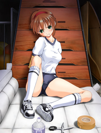 hide norihide, original, 1girl, bdsm, bondage, bottle, bound, bound wrists, bra, brown hair, buruma, clenched teeth, female focus, green eyes, gym storeroom, gym uniform, hairband, humiliation, indoors, kneehighs, lingerie, mat, panties, scissors, shoes, short hair, sitting, sneakers, socks, solo, tape, tape bondage, teeth, torn clothes, underwear, vaulting horse, you gonna get raped
