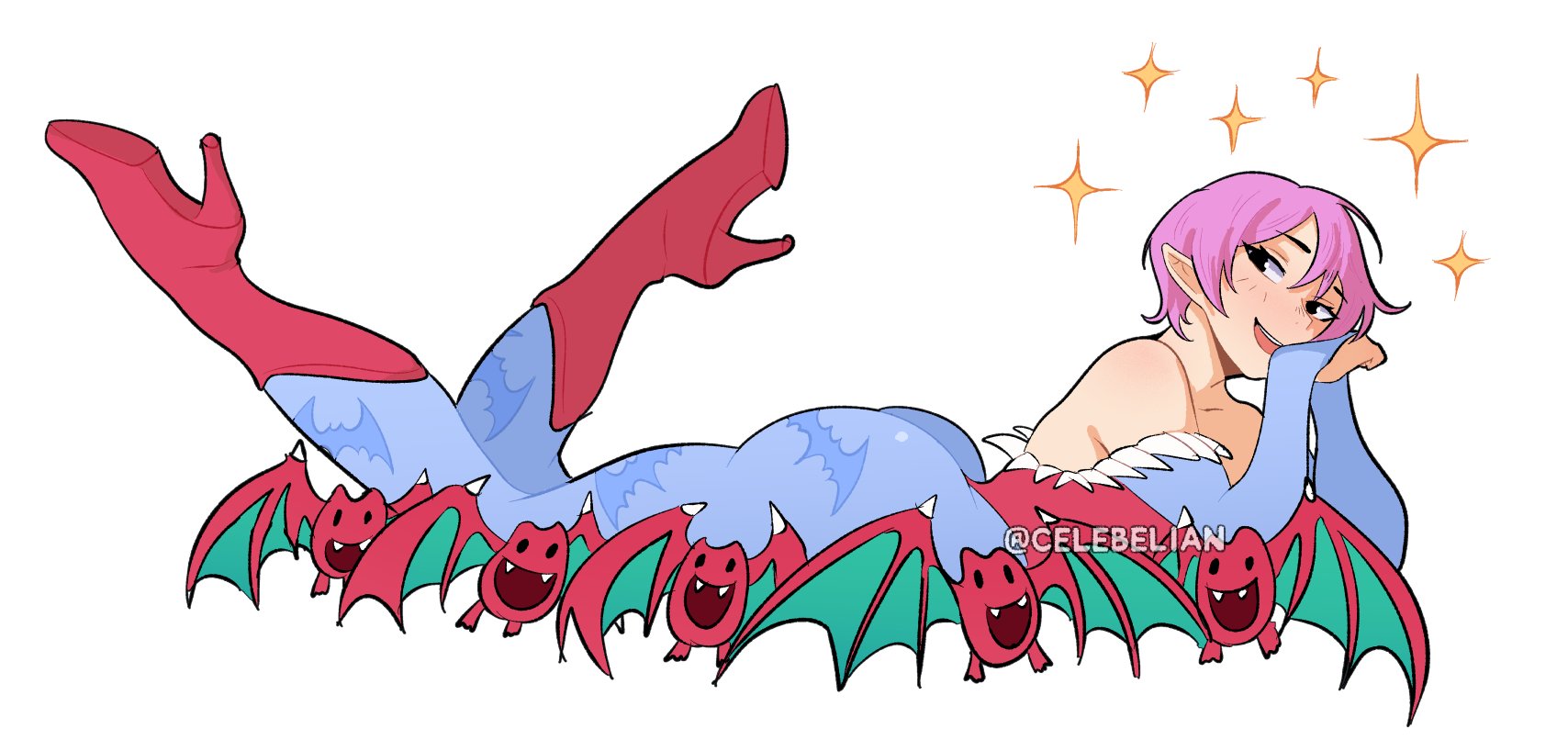 celebelian, darkstalkers, highres, 1girl, animal print, ass, bare shoulders, bat print, blue pantyhose, blue sleeves, boots, bridal gauntlets, demon, demon girl, feather-trimmed leotard, full body, hair between eyes, head on hands, high heel boots, high heels, leotard, light blush, looking at viewer, lying, on stomach, open mouth, pantyhose, pink hair, pinup (style), pointy ears, print pantyhose, red boots, red leotard, short hair, smile, sparkle, thighs, twitter username, white background