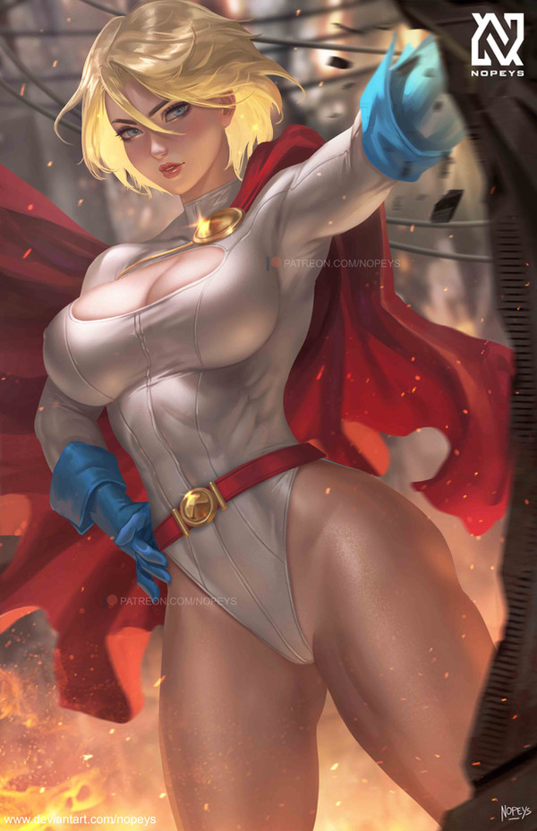 nopeys, power girl, power girl (1976 costume), dc comics, 1girl, belt, blonde hair, blue eyes, blue gloves, breasts, cape, cleavage, cleavage cutout, clothing cutout, gloves, highleg, highleg leotard, large breasts, leotard, looking at viewer, red cape, short hair, sleeved leotard, smile, solo, superhero costume, white leotard