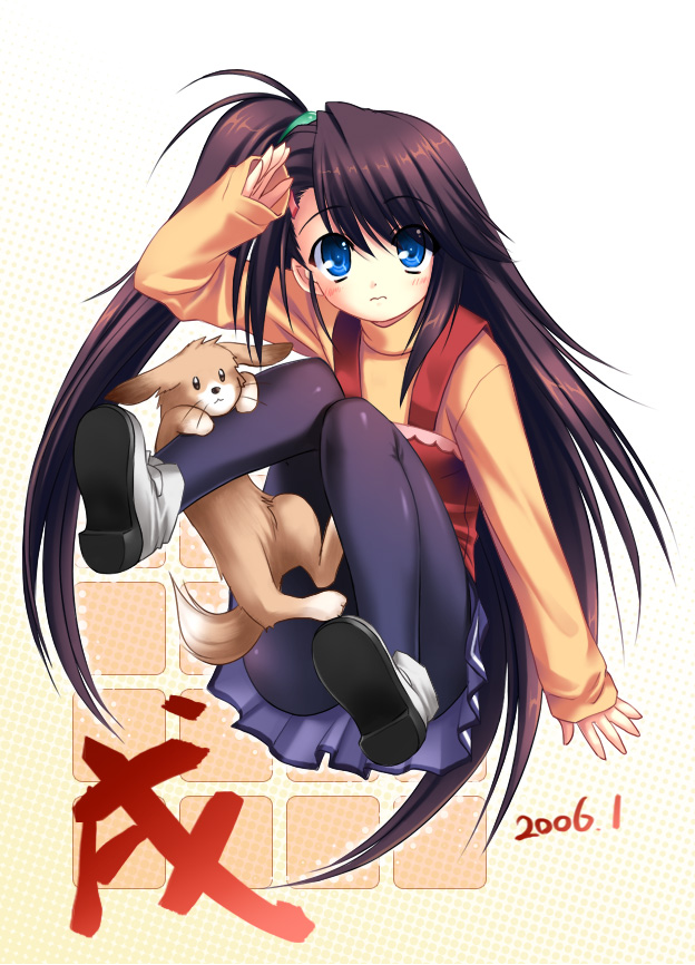 na-ga, original, 1girl, 3:, black pantyhose, blue eyes, boots, dated, female focus, long hair, long sleeves, looking at viewer, one side up, pantyhose, shoes, side ponytail, solo, very long hair, white boots