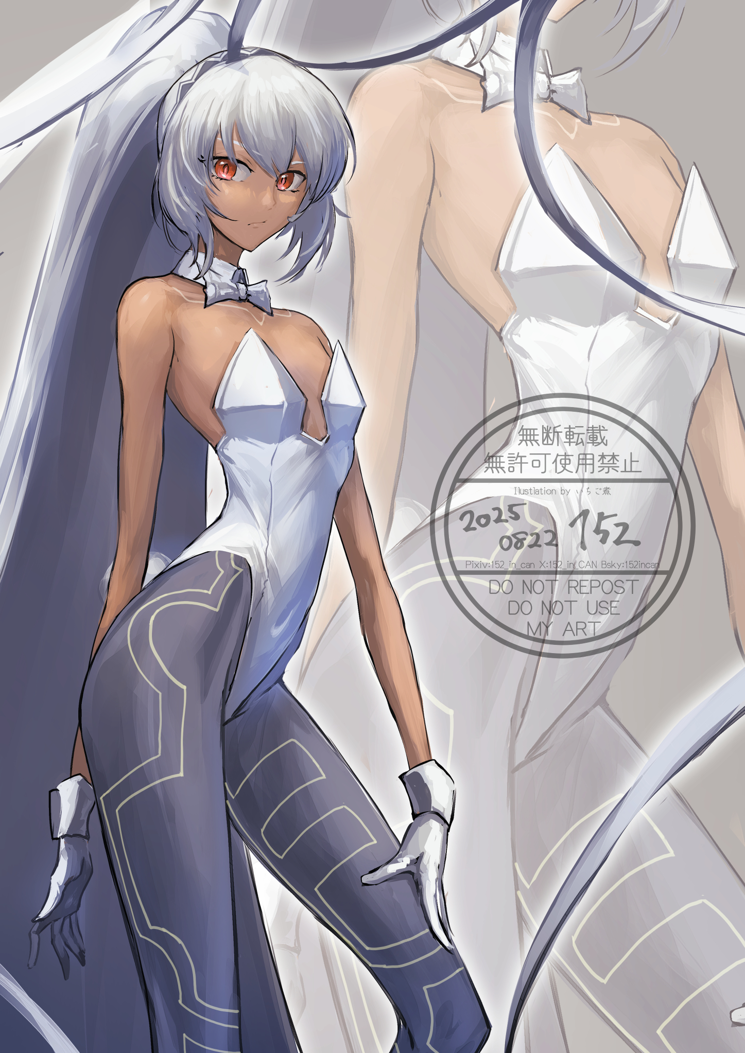 152 in can, altera (fate), fate/grand order, fate (series), highres, 1girl, alternate hairstyle, animal ears, bare shoulders, body markings, breasts, dark-skinned female, dark skin, detached collar, fake animal ears, gloves, grey pantyhose, high ponytail, highleg, highleg leotard, leotard, long hair, looking at viewer, pantyhose, playboy bunny, ponytail, rabbit ears, rabbit tail, red eyes, small breasts, solo, tail, very long hair, white gloves, white hair, white leotard, wrist cuffs, zoom layer
