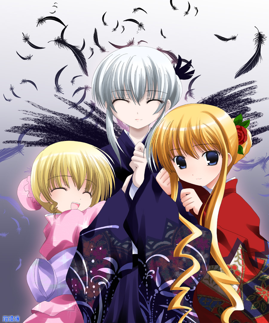 namamo nanase, hinaichigo, shinku, suigintou, rozen maiden, arm grab, silver hair, 00s, 3girls, ^ ^, alternate costume, alternate hairstyle, black wings, blonde hair, closed eyes, feathers, flower, hair bun, hair flower, hair ornament, hair up, height difference, hug, japanese clothes, kimono, lipstick, long hair, looking at viewer, makeup, multiple girls, new year, obi, open mouth, rose, sash, sidelocks, single hair bun, smile, very long hair, wings, yukata