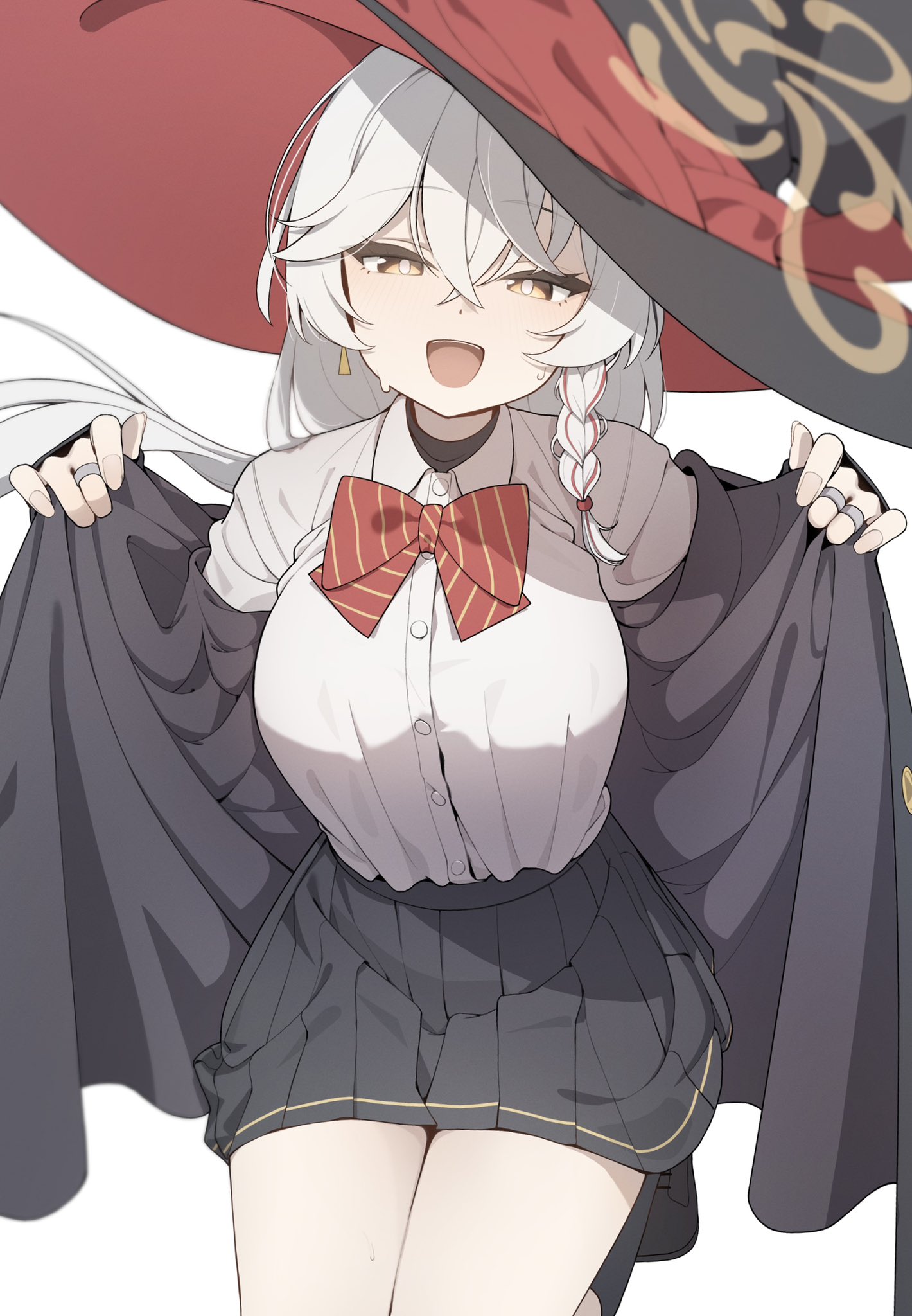 shiwa (siwaa0419), eri (blue archive), blue archive, highres, 1girl, black coat, bow, bowtie, brown halo, coat, crossed bangs, diagonal-striped bow, diagonal-striped bowtie, diagonal-striped clothes, diagonal-striped ribbon, halo, hat, jewelry, kneeling, long hair, looking at viewer, multiple rings, open clothes, open coat, open mouth, orange halo, pleated skirt, red bow, red bowtie, ring, shirt, shirt tucked in, side halo, skirt, smile, solo, striped bow, striped bowtie, striped clothes, tilted halo, two-sided fabric, two-sided headwear, white background, white shirt, witch hat