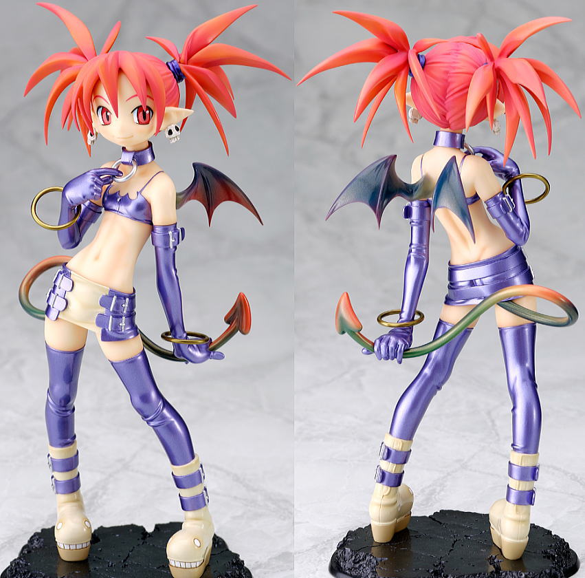 disgaea, makai senki disgaea 2, etna, photo (medium), 1girl, bat wings, demon girl, earrings, elbow gloves, figure, gloves, jewelry, miniskirt, multiple views, pointy ears, red hair, skirt, tail, thighhighs, wings