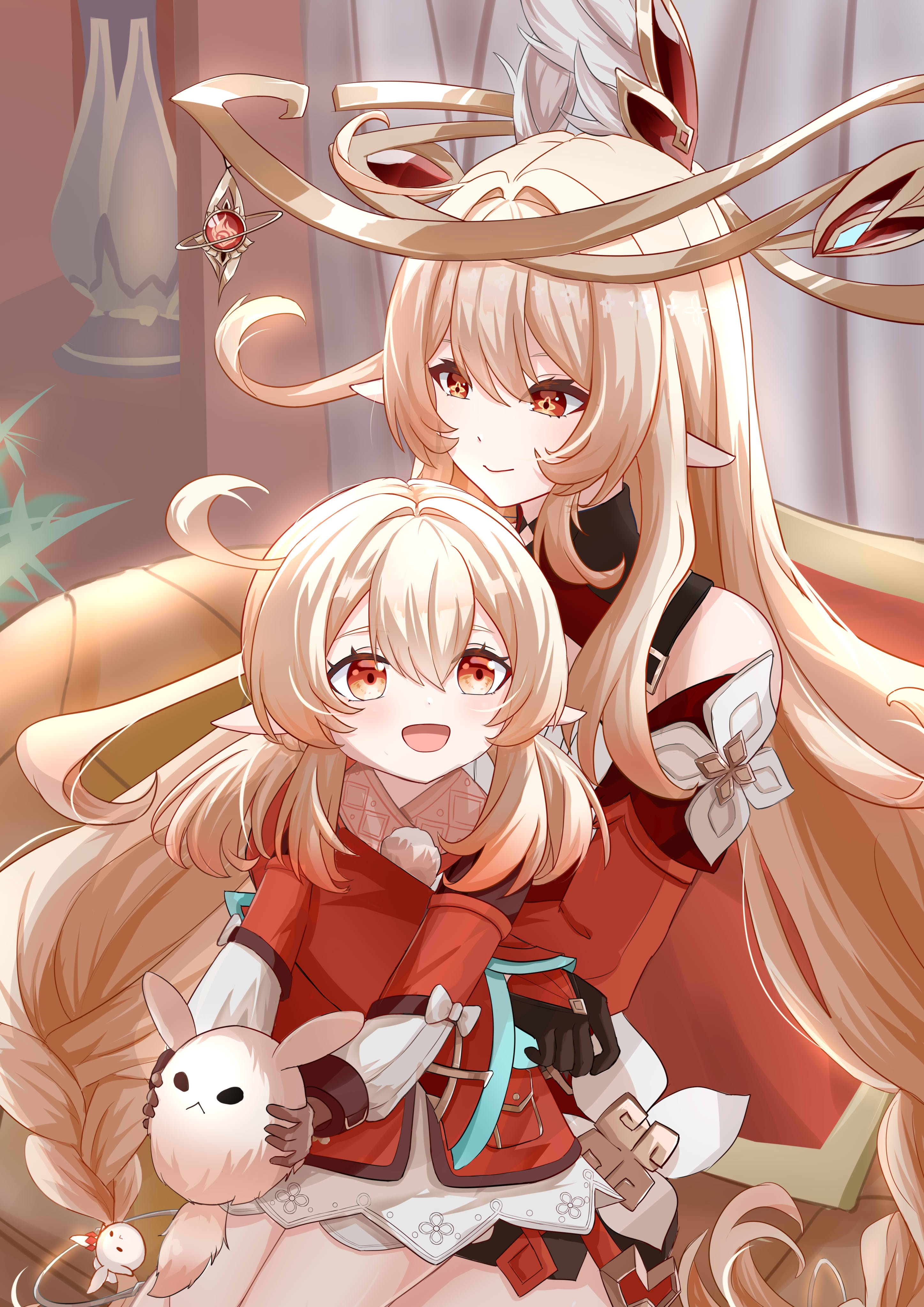 yuyi330214, alice (genshin impact), dodoco (genshin impact), jumpy dumpty, klee (genshin impact), genshin impact, absurdres, highres, 2girls, :d, ahoge, blonde hair, braid, brown gloves, brown scarf, clover print, coat, couch, detached sleeves, gloves, gradient hair, hair between eyes, holding, hug, kneehighs, long hair, long sleeves, looking at another, low twintails, mother and daughter, multicolored hair, multiple girls, open mouth, orange eyes, pocket, pointy ears, red coat, red eyes, scarf, sidelocks, sitting, sitting on lap, sitting on person, smile, socks, stuffed animal, stuffed toy, twintails, very long hair