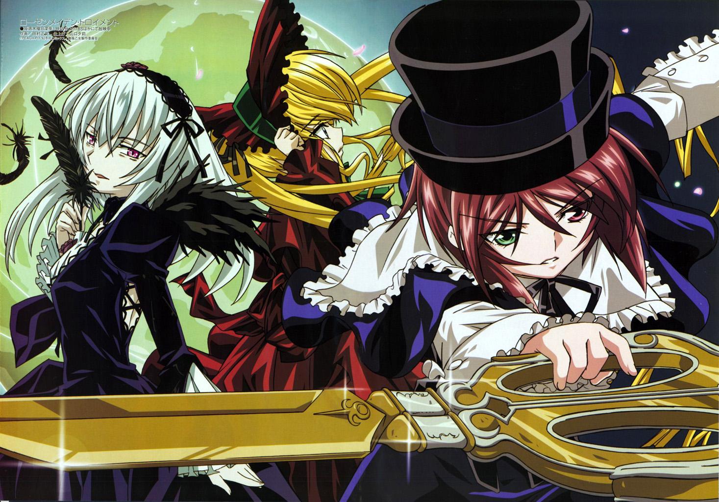 tamura masafumi, shinku, souseiseki, suigintou, megami magazine, rozen maiden, official art, scan, 00s, 3girls, black wings, blonde hair, blue eyes, bonnet, brown hair, dress, feathers, floating hair, flower, frills, full moon, green eyes, hairband, hat, heterochromia, looking afar, looking at viewer, moon, multiple girls, night, open mouth, outstretched arm, oversized object, petals, pink eyes, profile, red dress, red eyes, rose, scissors, serious, short hair, top hat, wide sleeves, wings