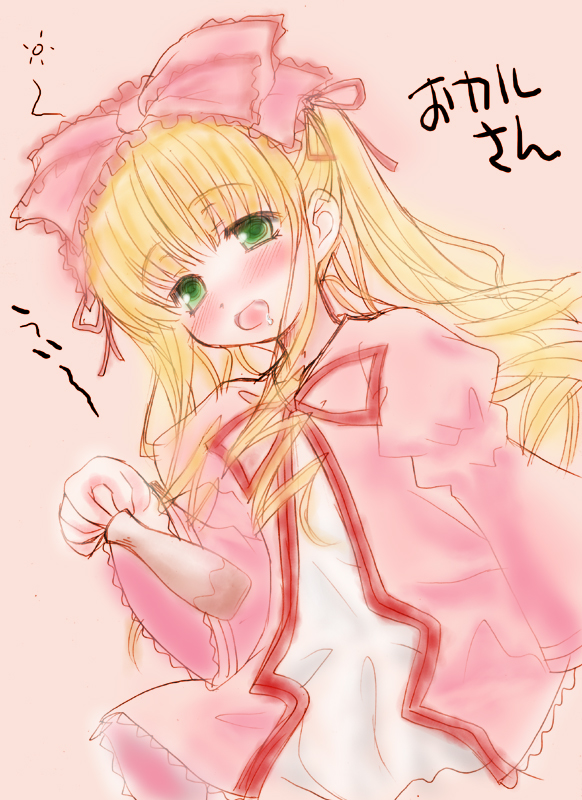 hinaichigo, rozen maiden, 00s, 1girl, alcohol, blonde hair, bow, drunk, female focus, pink bow, sake, solo