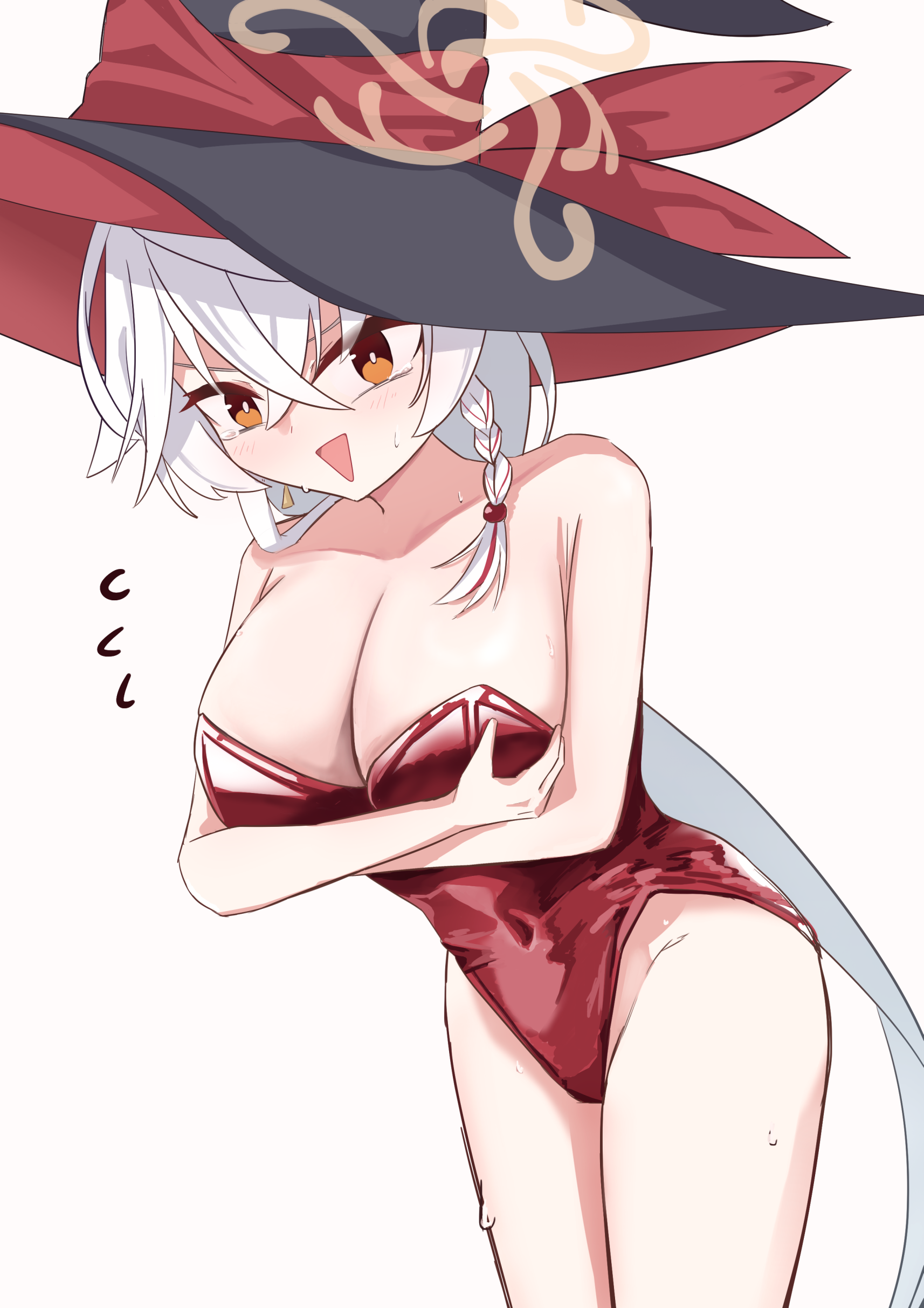 eri (blue archive), blue archive, bare arms, bare shoulders, blush, bow, bowtie, braid, breasts, cleavage, embarrassed, grabbing own breast, halo, hat, leotard, long hair, orange eyes, sweatdrop, sweater, thighs, white hair, witch hat