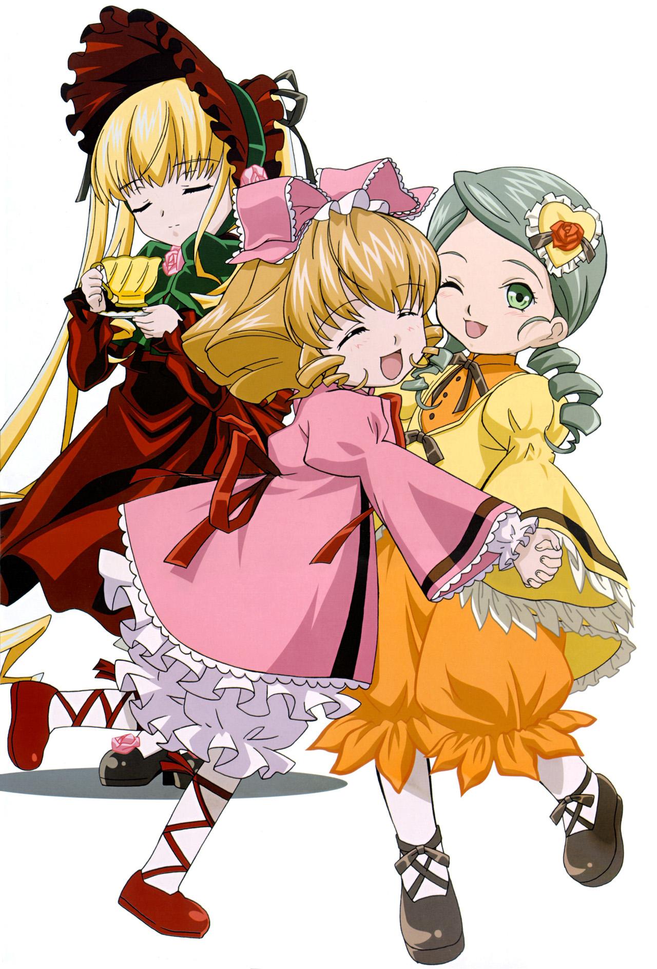 hinaichigo, kanaria, shinku, rozen maiden, eyebrows, highres, 00s, 3girls, ^ ^, ankle ribbon, blonde hair, bloomers, bonnet, bow, closed eyes, cup, drill hair, flower, frills, green hair, hair ornament, hair ribbon, holding, holding hands, hug, interlocked fingers, leg ribbon, long hair, looking at viewer, multiple girls, one eye closed, petticoat, puffy sleeves, ribbon, rose, saucer, shadow, shoes, short hair, simple background, smile, tea, teacup, twintails, underwear, very long hair, wide sleeves, wink