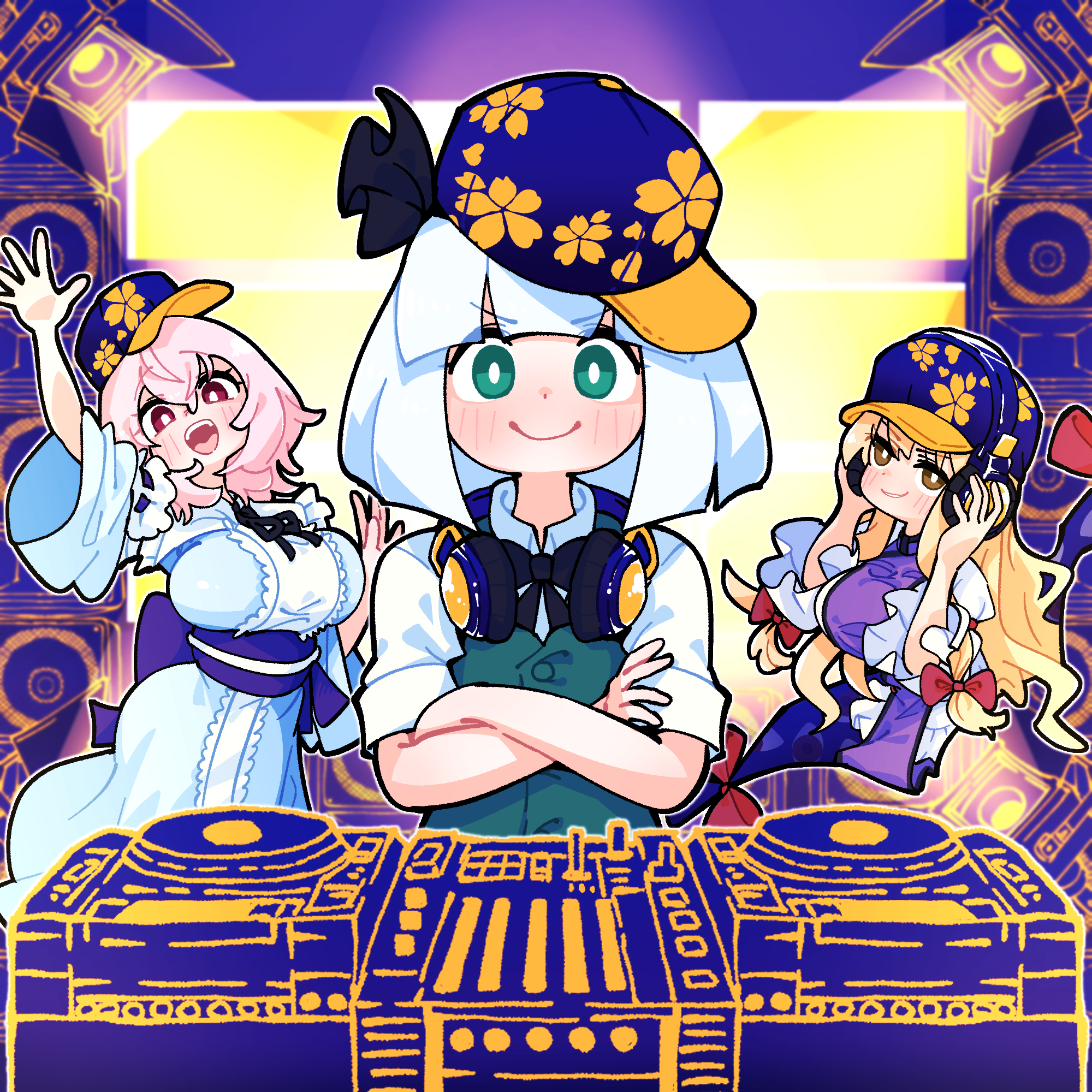 gram 9, konpaku youmu, saigyouji yuyuko, yakumo yukari, touhou, highres, 3girls, baseball cap, blonde hair, blue kimono, blush, breasts, crossed arms, dj, dress, earphones, frills, green eyes, green vest, hair between eyes, hair ribbon, hairband, hat, japanese clothes, kimono, large breasts, long hair, long sleeves, looking at viewer, medium hair, multiple girls, open mouth, pink hair, purple tabard, ribbon, shirt, short sleeves, smile, tabard, teeth, upper teeth only, vest, waving, white dress, white hair, white shirt, yellow eyes