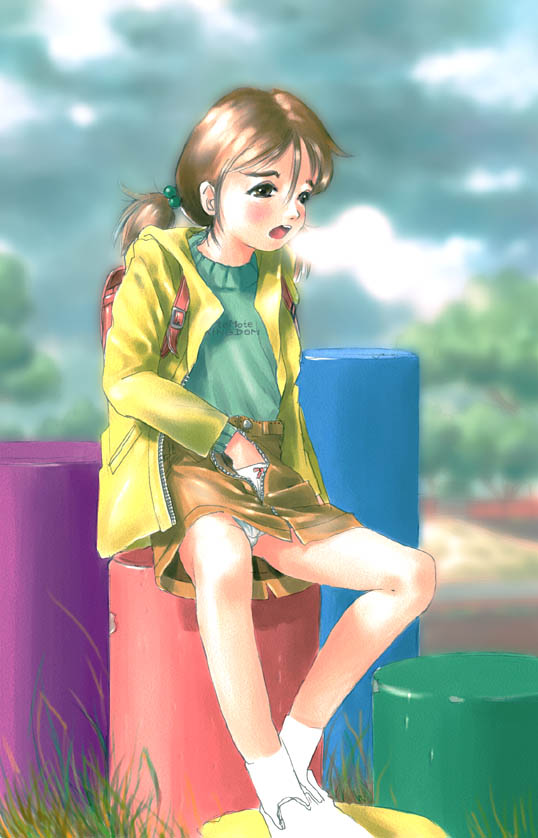 horimoto akira, original, 1girl, backpack, bag, brown eyes, brown hair, day, female focus, female masturbation, fingering, hand in panties, loli, masturbation, outdoors, panties, park, playground, randoseru, solo, twintails, underwear, unzipped