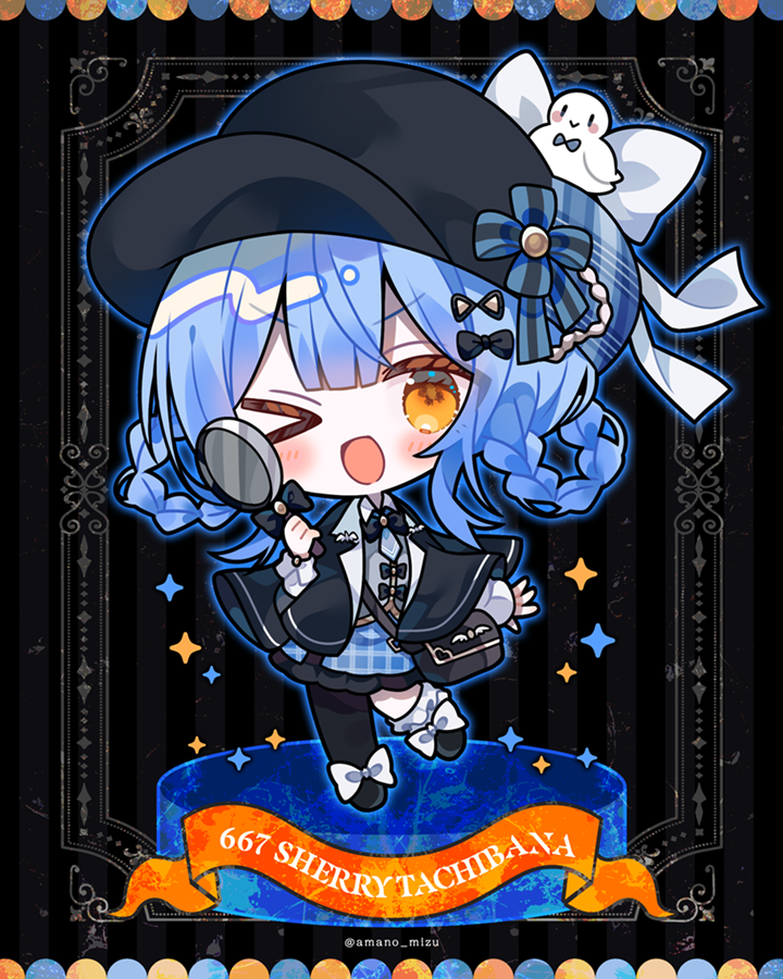 amano mizu, tachibana sherry, mahou shoujo no majo saiban, commentary request, > o, 1girl, asymmetrical legwear, black background, black bag, black bow, black capelet, black hat, blue hair, blue skirt, bow, braid, braided hair rings, capelet, character name, chibi, chibi only, detective, full body, hair bow, hair rings, hat, holding, holding magnifying glass, long sleeves, looking at viewer, magical girl, magnifying glass, one eye closed, open mouth, short hair, skirt, smile, solo