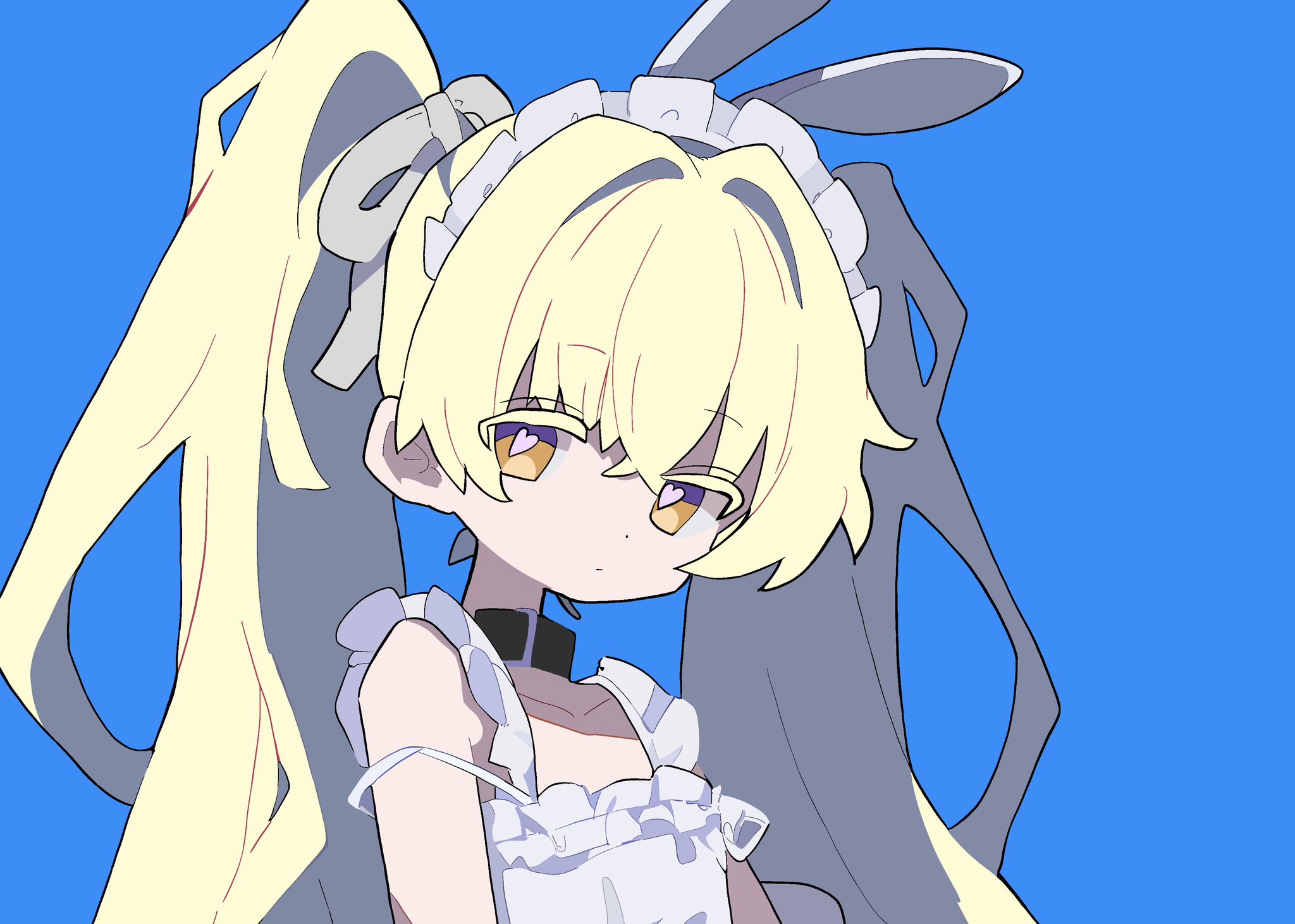 mochu (aoishikabane), original, highres, 1girl, bare shoulders, blonde hair, blue background, brown eyes, closed mouth, dress, frills, long hair, looking at viewer, maid headdress, simple background, sleeveless, sleeveless dress, solo, twintails, upper body, very long hair
