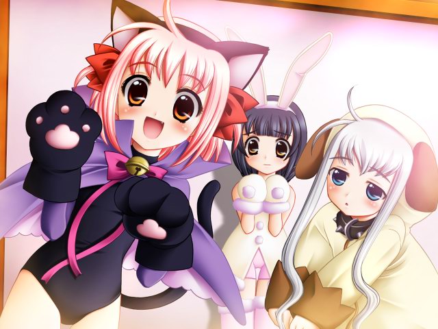 nagisawa yuu, arisu (tsurupeta hanyaan), erika (tsurupeta hanyaan), ririka (tsurupeta hanyaan), moe (company), tsurupeta hanyaan, game cg, 3girls, animal ears, antenna hair, blunt bangs, cat ears, cosplay, dog ears, multiple girls, rabbit ears