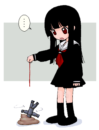 ishida masatsuki, enma ai, jigoku shoujo, lowres, 00s, 1girl, black serafuku, blunt bangs, female focus, hime cut, poop, school uniform, serafuku, solo, straw doll