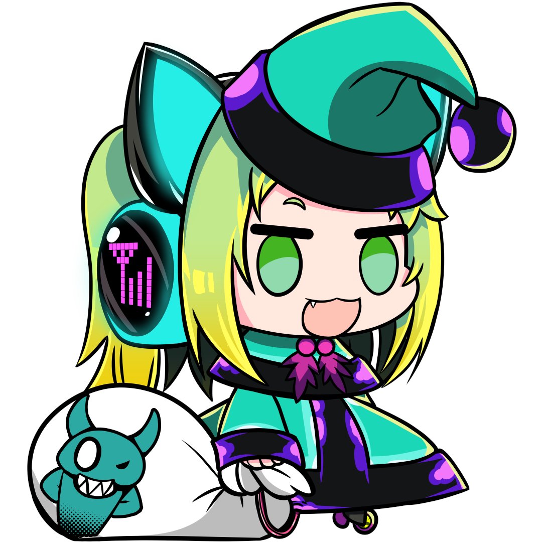 kouto matai, antenna (dohna dohna), dohna dohna issho ni warui koto o shiyou, 1girl, :3, animal ear headphones, animal ears, cat ear headphones, chibi, chibi only, dress, fake animal ears, fang, full body, green dress, green eyes, green hair, green hat, hat, headphones, holding, holding sack, inline skates, long sleeves, meme, open mouth, padoru (meme), roller skates, sack, santa hat, simple background, skates, solo, white background