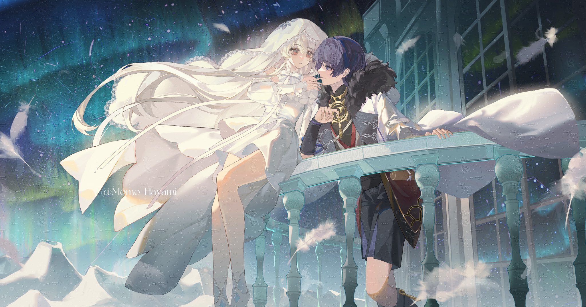 scaramouche (genshin impact), genshin impact, original, artist request, commission, highres, second-party source, 1boy, 1girl, against railing, arm support, armor, armpit crease, aurora, black bodysuit, black kimono, black shorts, blue gemstone, blunt ends, bodysuit, bow, bowtie, building, clear sky, closed mouth, coat, collar, commissioner insert, commissioner name, couple, detached collar, detached sleeves, dress, elbow rest, falling feathers, fatui coat, feathers, finger to mouth, fur-trimmed hood, fur trim, gem, gold, grey eyes, hand rest, hand up, hayami momo (hayamimomo), hetero, hood, hood down, hooded coat, japanese armor, japanese clothes, jewelry, juban, kimono, kote, kurokote, lace-trimmed veil, lace trim, lapels, layered shorts, long hair, looking at another, mandarin collar, mitsudomoe (shape), mountainous horizon, neck ring, night, night sky, on railing, open clothes, open coat, open kimono, outdoors, pink eyes, purple hair, purple shorts, railing, red kimono, shorts, sky, tomoe (symbol), veil, watermark, watermark grid, white bow, white bowtie, white coat, white collar, white dress, white hair, white kimono, white sleeve cuffs, white sleeves, white veil, window