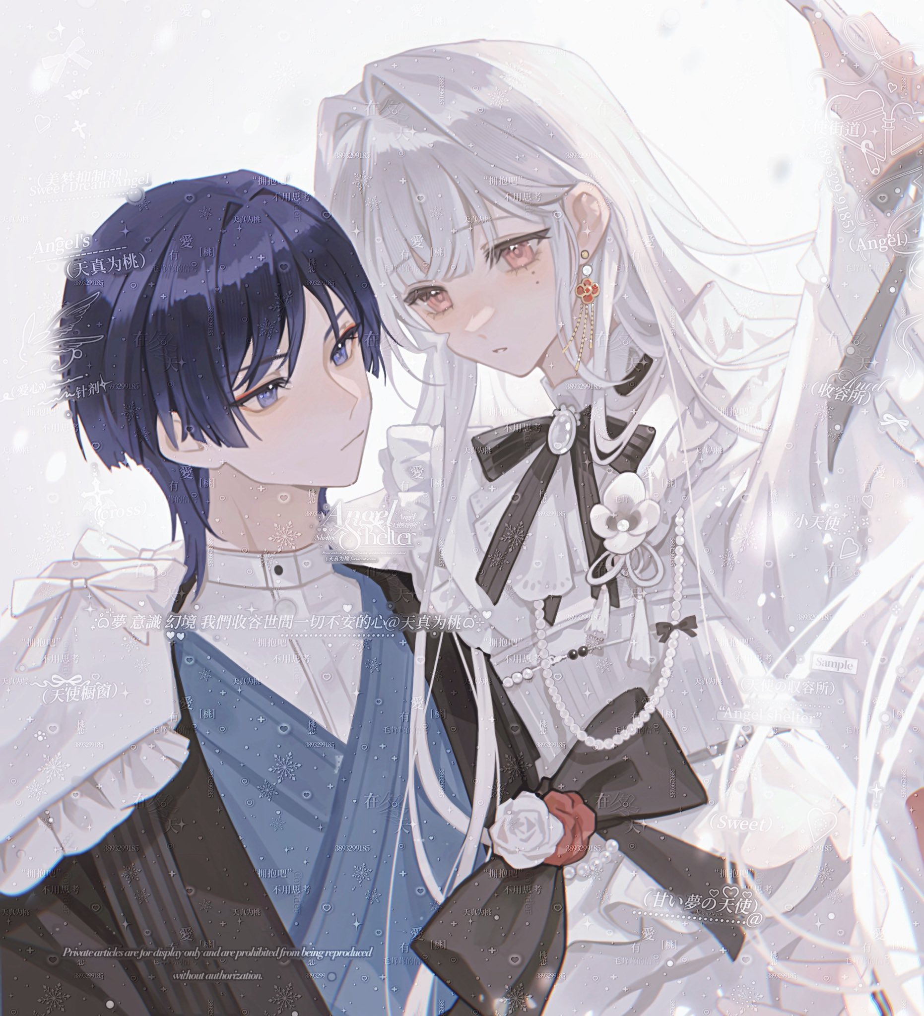 scaramouche (genshin impact), genshin impact, original, artist request, commission, highres, second-party source, 1boy, 1girl, alternate costume, arm around shoulder, arm up, beads, black bow, black haori, blue kimono, blunt bangs, blunt ends, blush, bow, chinese knot, closed mouth, commissioner insert, couple, dress, dress flower, earrings, eyelashes, eyeliner, eyeshadow, flower, flower earrings, flower ornament, frilled sleeves, frills, hair intakes, haori, hayami momo (hayamimomo), hetero, holding, japanese clothes, jewelry, kimono, large bow, long hair, long sleeves, looking at another, makeup, mole, mole under eye, parted lips, pink eyes, purple eyes, purple hair, red eyeliner, red eyeshadow, red flower, red rose, rose, sleeves past fingers, sleeves past wrists, tassel, tsurime, watermark, watermark grid, white brooch, white dress, white flower, white hair, white mouth, white rose, white sleeves, white undershirt